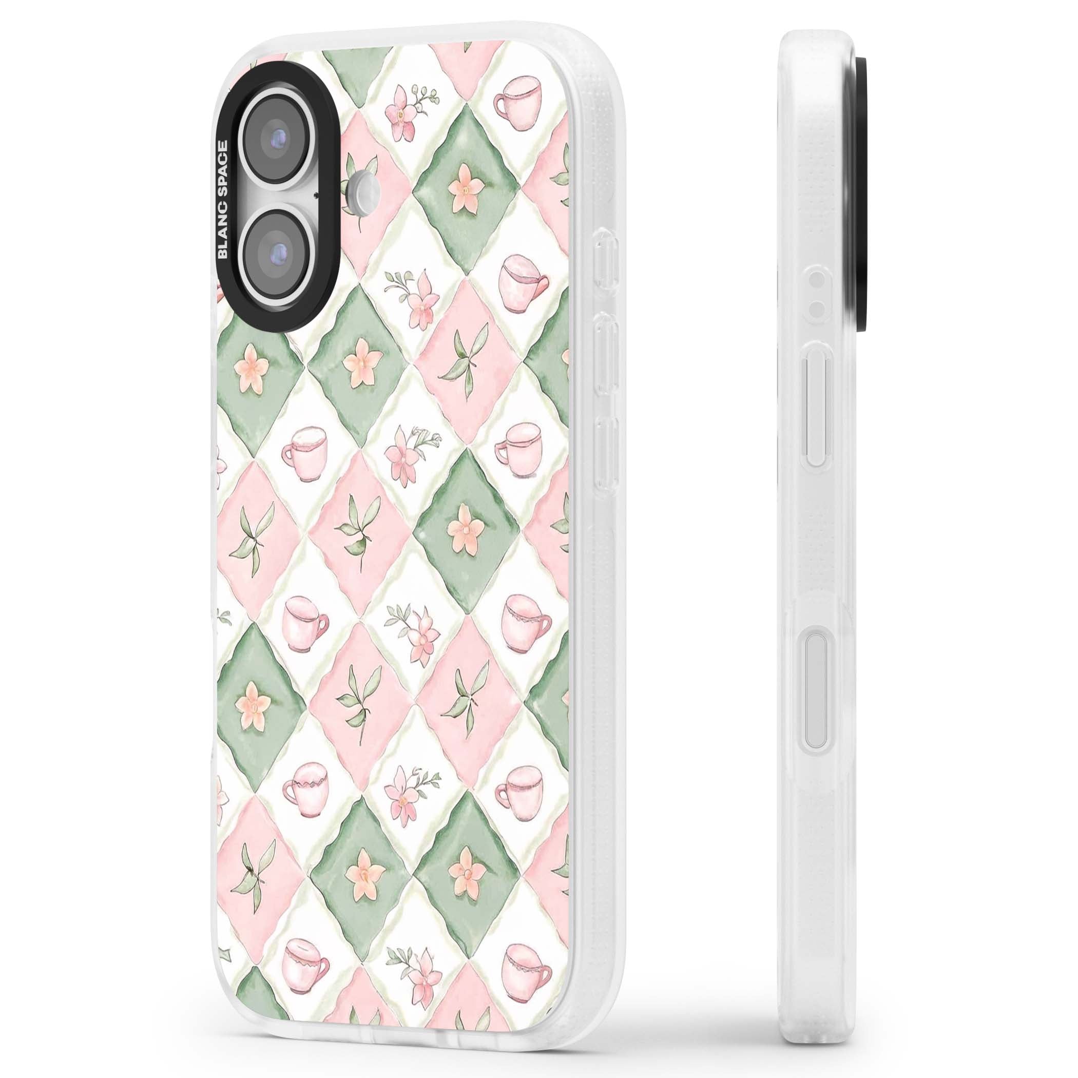 Garden Tea Party coquette iPhone case with pink and green checkered pattern, watercolour teacups and wildflowers | Clear Case Impact Air case for iPhone 17