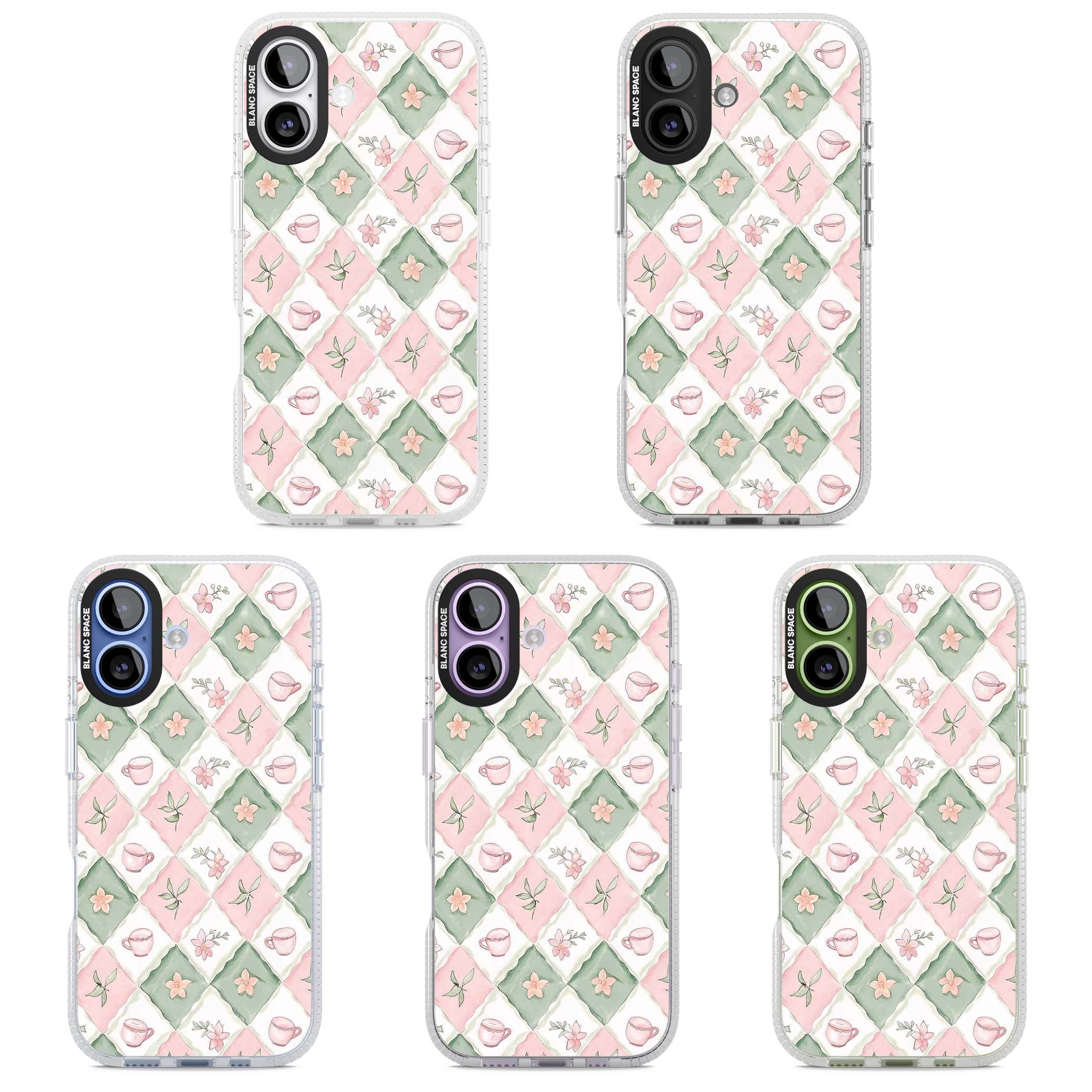 Garden Tea Party coquette iPhone case with pink and green checkered pattern, watercolour teacups and wildflowers | Clear Case Impact Air case for iPhone 17
