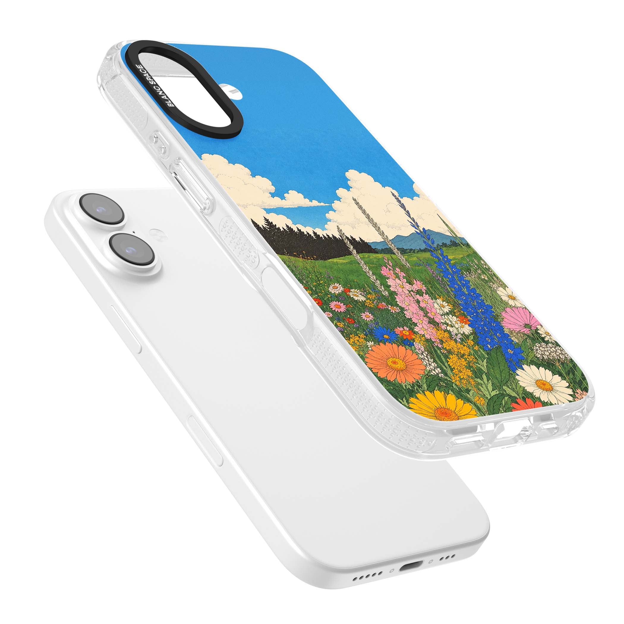 Wildbloom wildflower iPhone case featuring a vintage Japanese-style meadow landscape with daisies, delphiniums and moun | Clear Case Impact Air case for iPhone 17