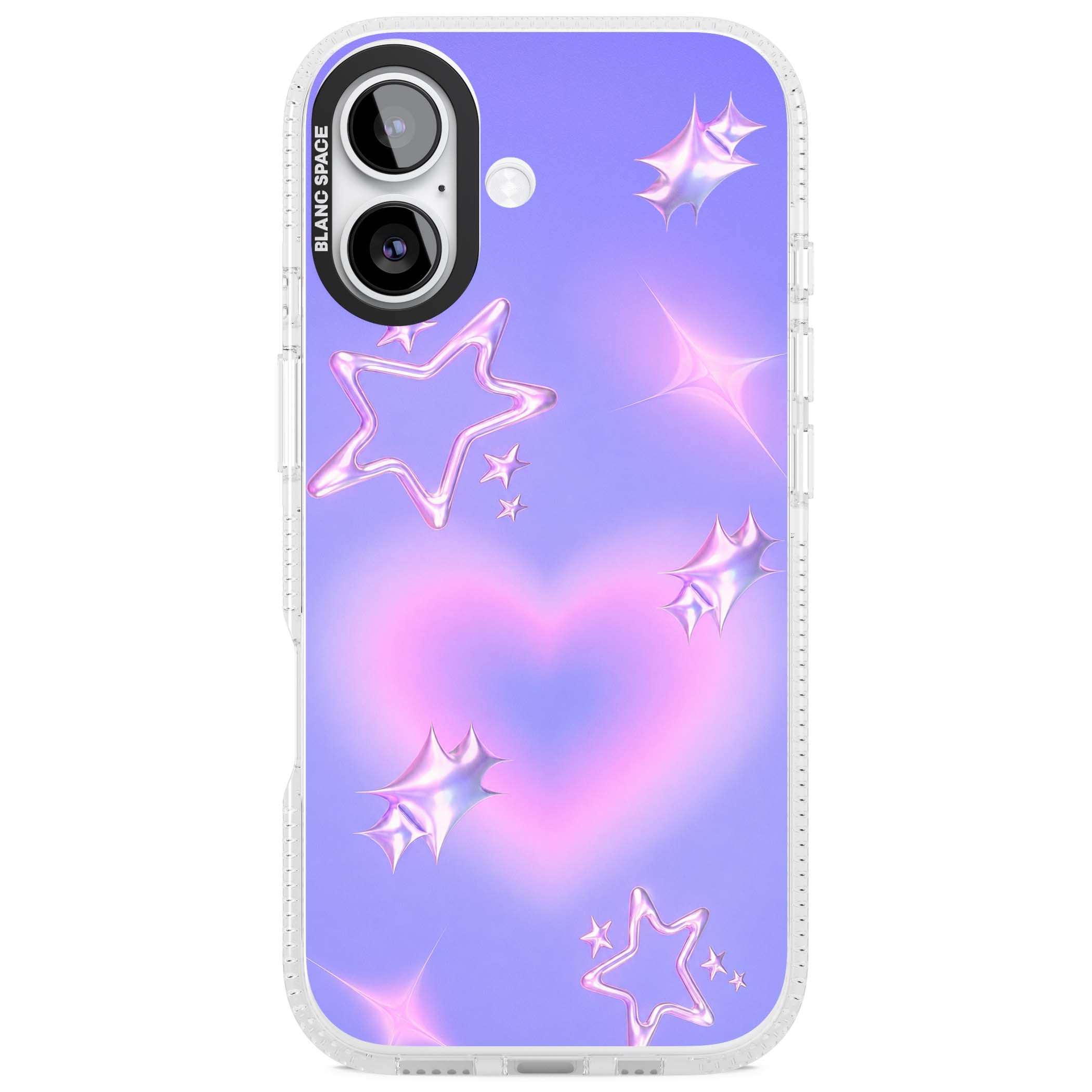 Soft Sugar Y2K iPhone case featuring iridescent chrome hearts, metallic pink stars and a lavender gradient sky | Clear Case Impact Air case for iPhone 17