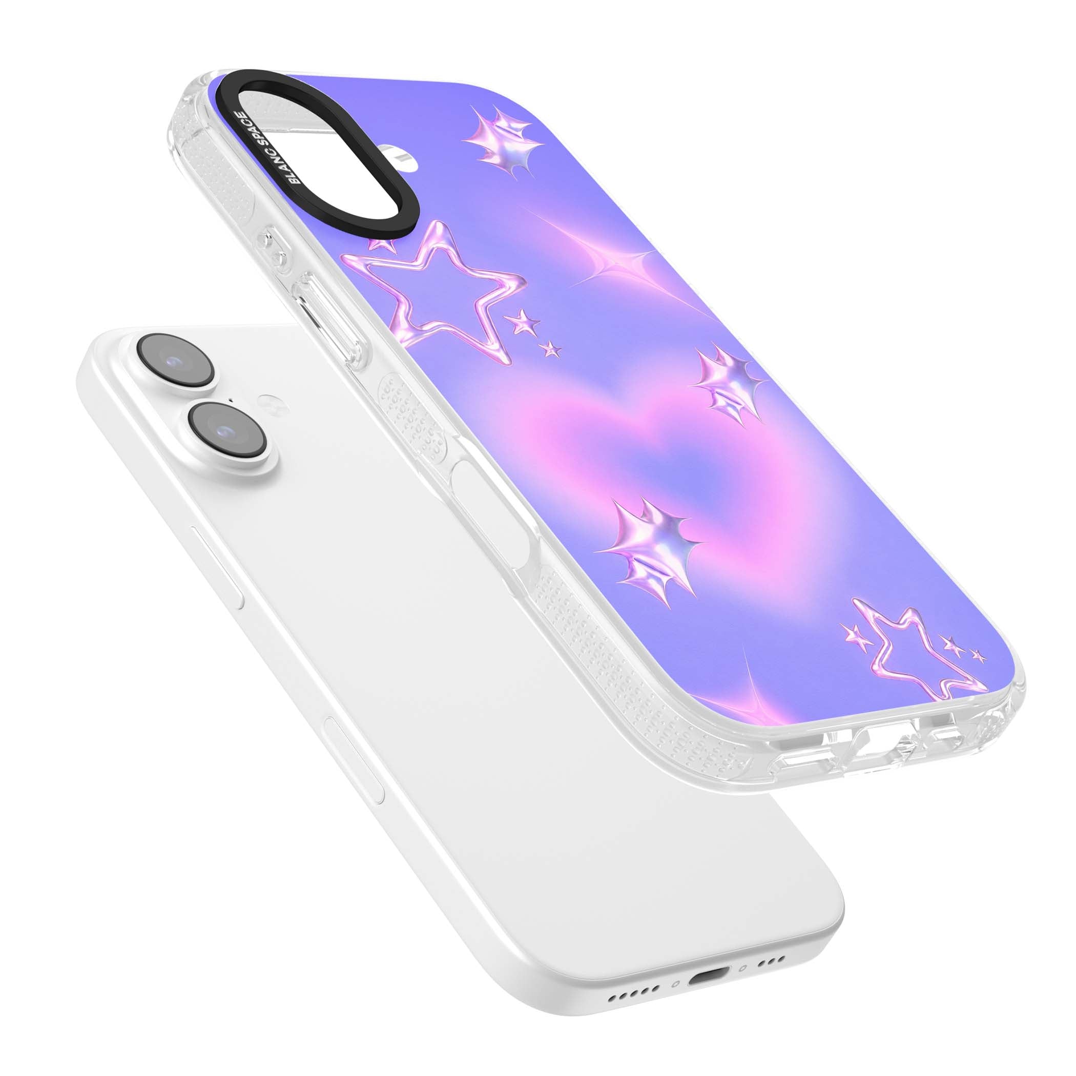 Soft Sugar Y2K iPhone case featuring iridescent chrome hearts, metallic pink stars and a lavender gradient sky | Clear Case Impact Air case for iPhone 17