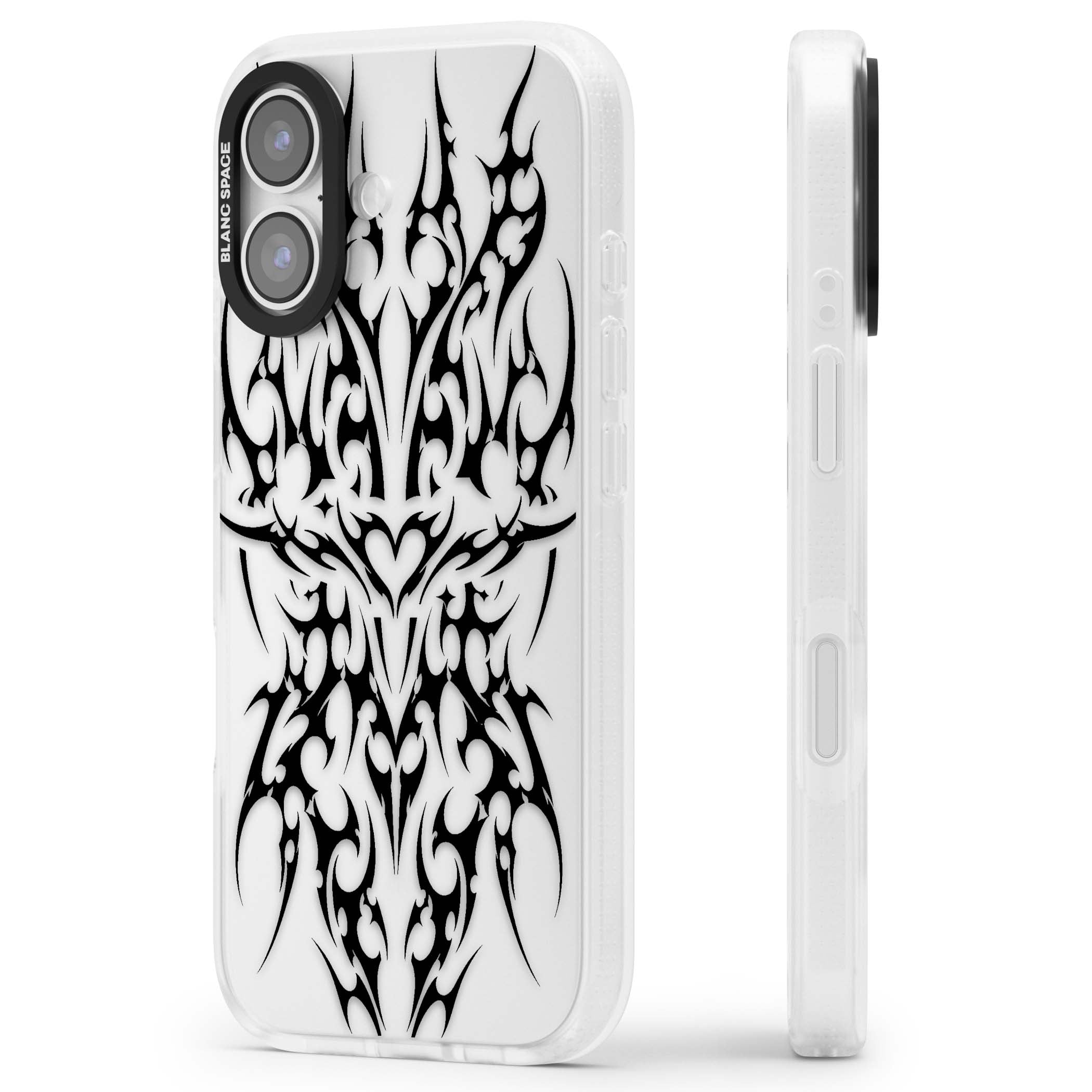 Neo Tribal Heart gothic iPhone case featuring symmetrical black tribal tattoo art with sharp thorn-like linework | Clear Case Impact Air case for iPhone 17