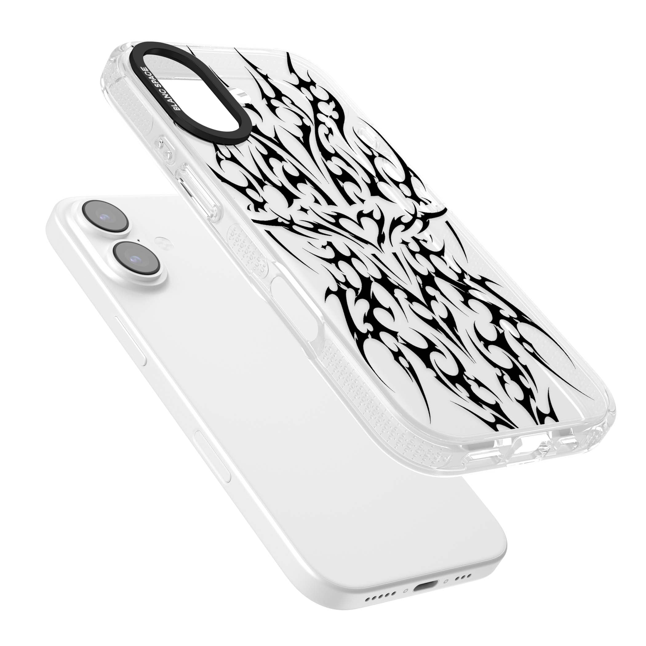Neo Tribal Heart gothic iPhone case featuring symmetrical black tribal tattoo art with sharp thorn-like linework | Clear Case Impact Air case for iPhone 17