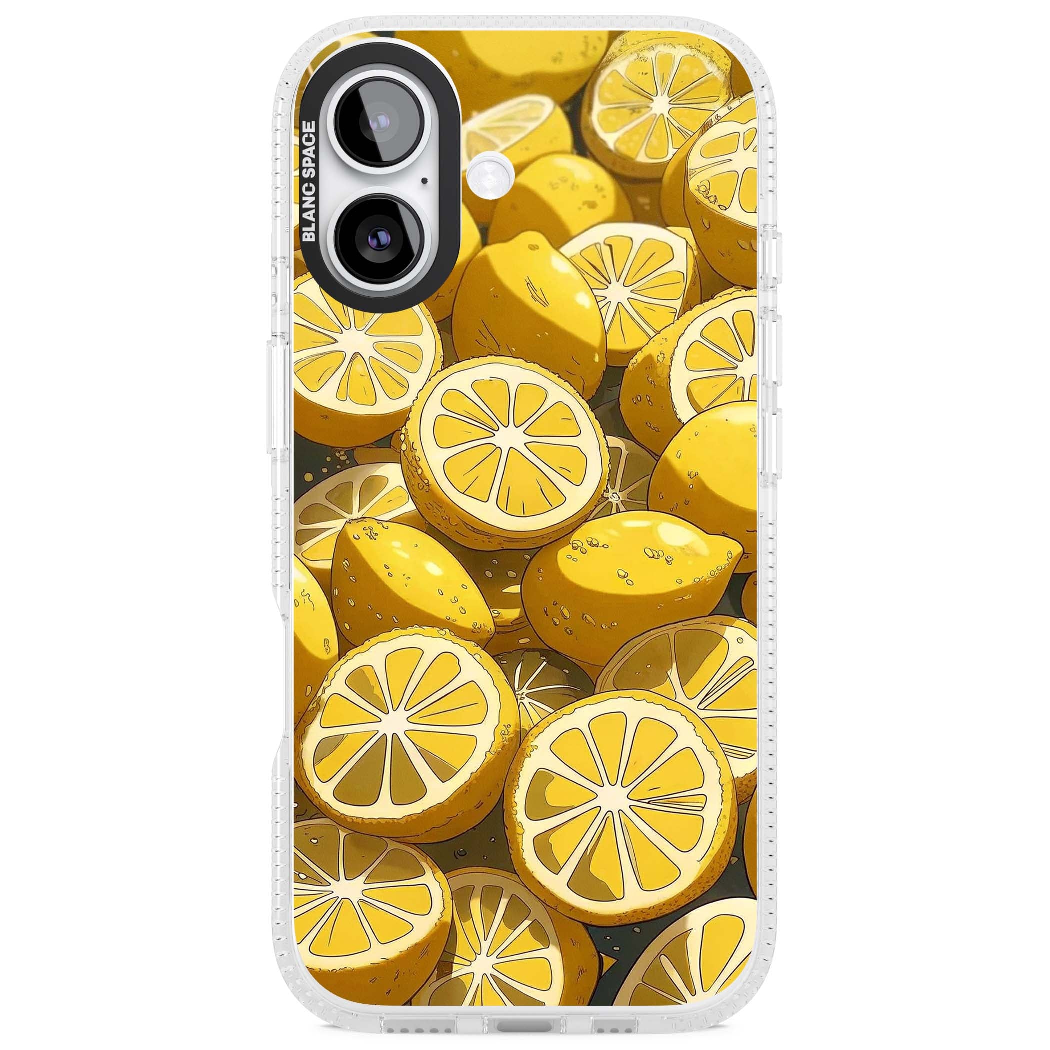 Zesty coastal iPhone case featuring illustrated Mediterranean lemons and citrus slices in golden yellow | Clear Case Impact Air case for iPhone 17
