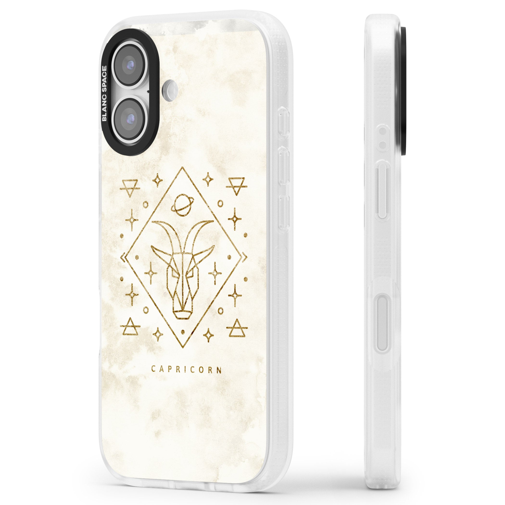 Capricorn Gold Zodiac Design iPhone 17 Impact Air Clear Phone Case Side Profile