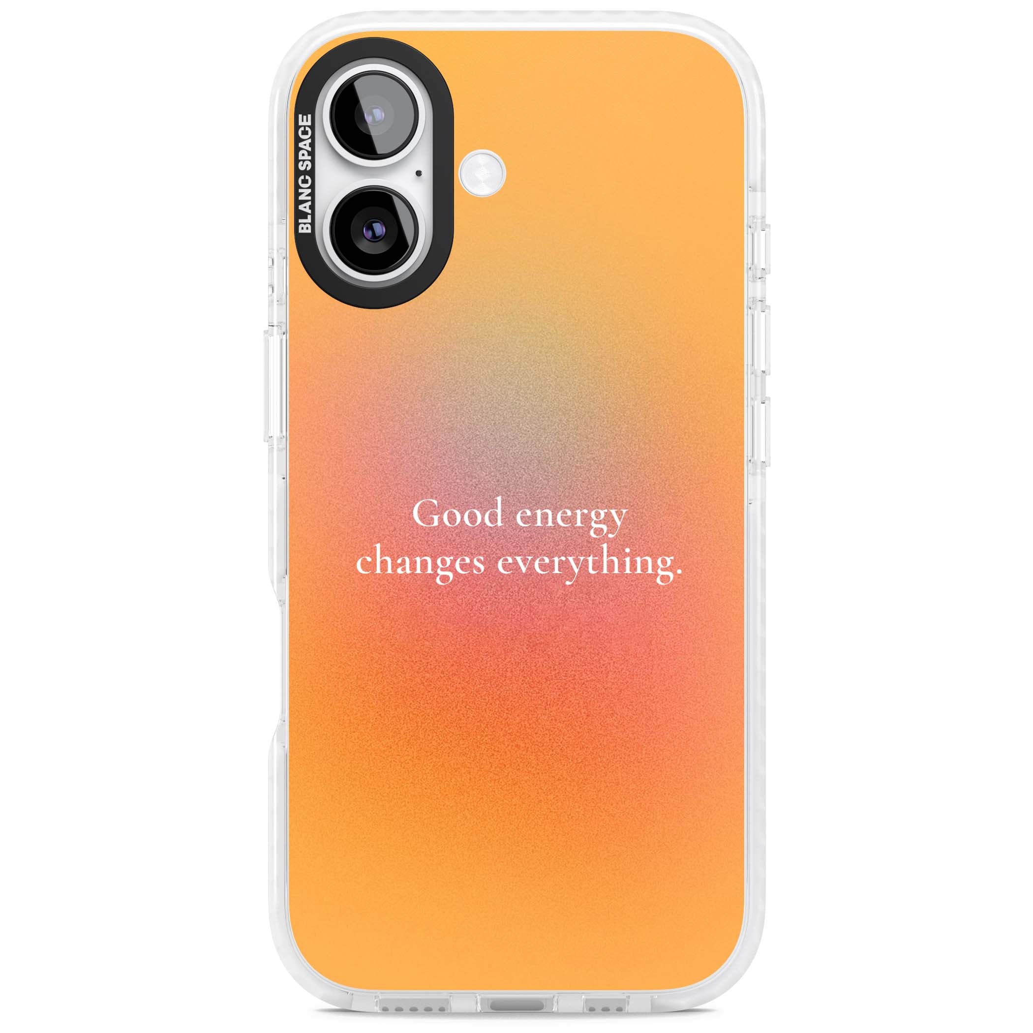 Good Energy quote iPhone case featuring an orange and pink aura gradient with white serif affirmation text | Black Impact case for iPhone 17