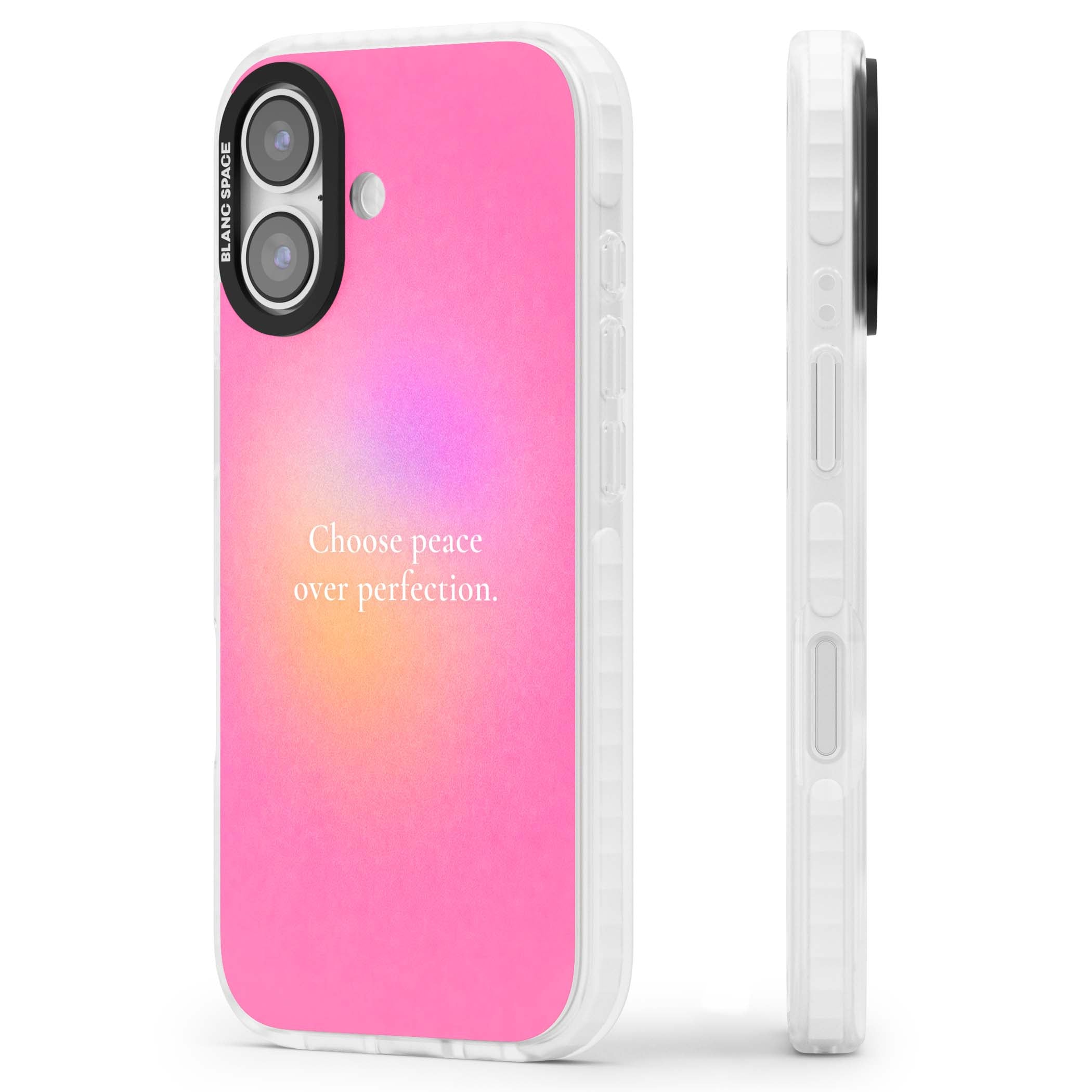 Peace Over Perfection quote iPhone case featuring a dreamy pink aura gradient and delicate white affirmation text | Black Impact case for iPhone 17