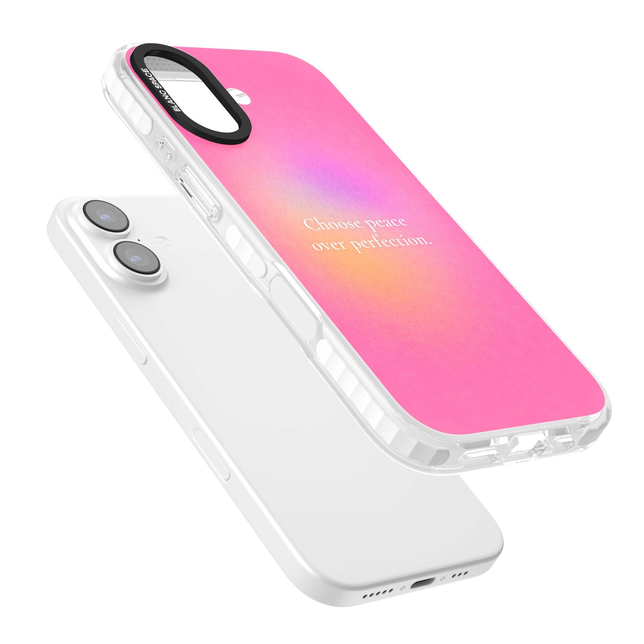 Peace Over Perfection quote iPhone case featuring a dreamy pink aura gradient and delicate white affirmation text | Black Impact case for iPhone 17