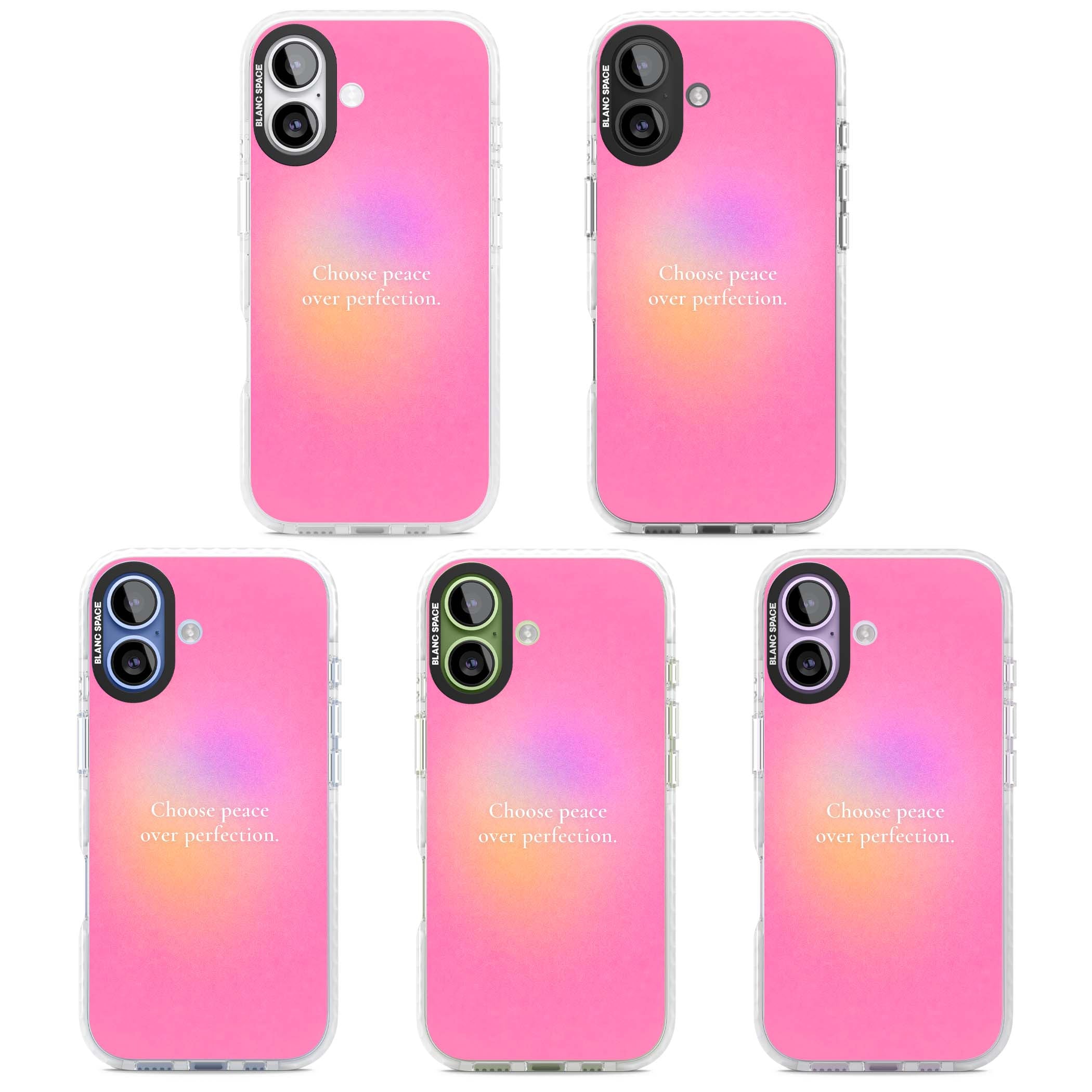 Peace Over Perfection quote iPhone case featuring a dreamy pink aura gradient and delicate white affirmation text | Black Impact case for iPhone 17