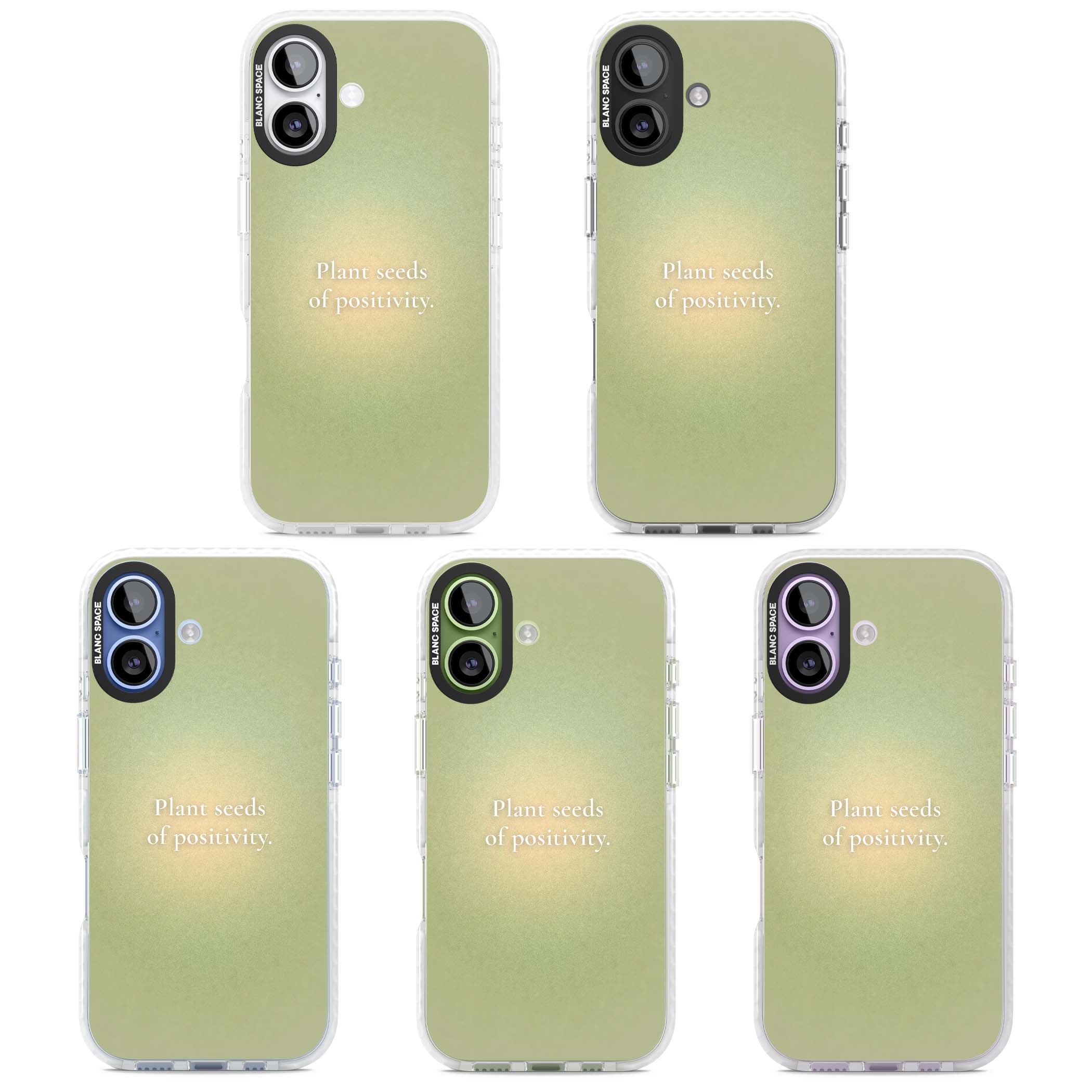 Seeds of Positivity quote iPhone case featuring a sage green aura gradient and golden glow affirmation | Black Impact case for iPhone 17