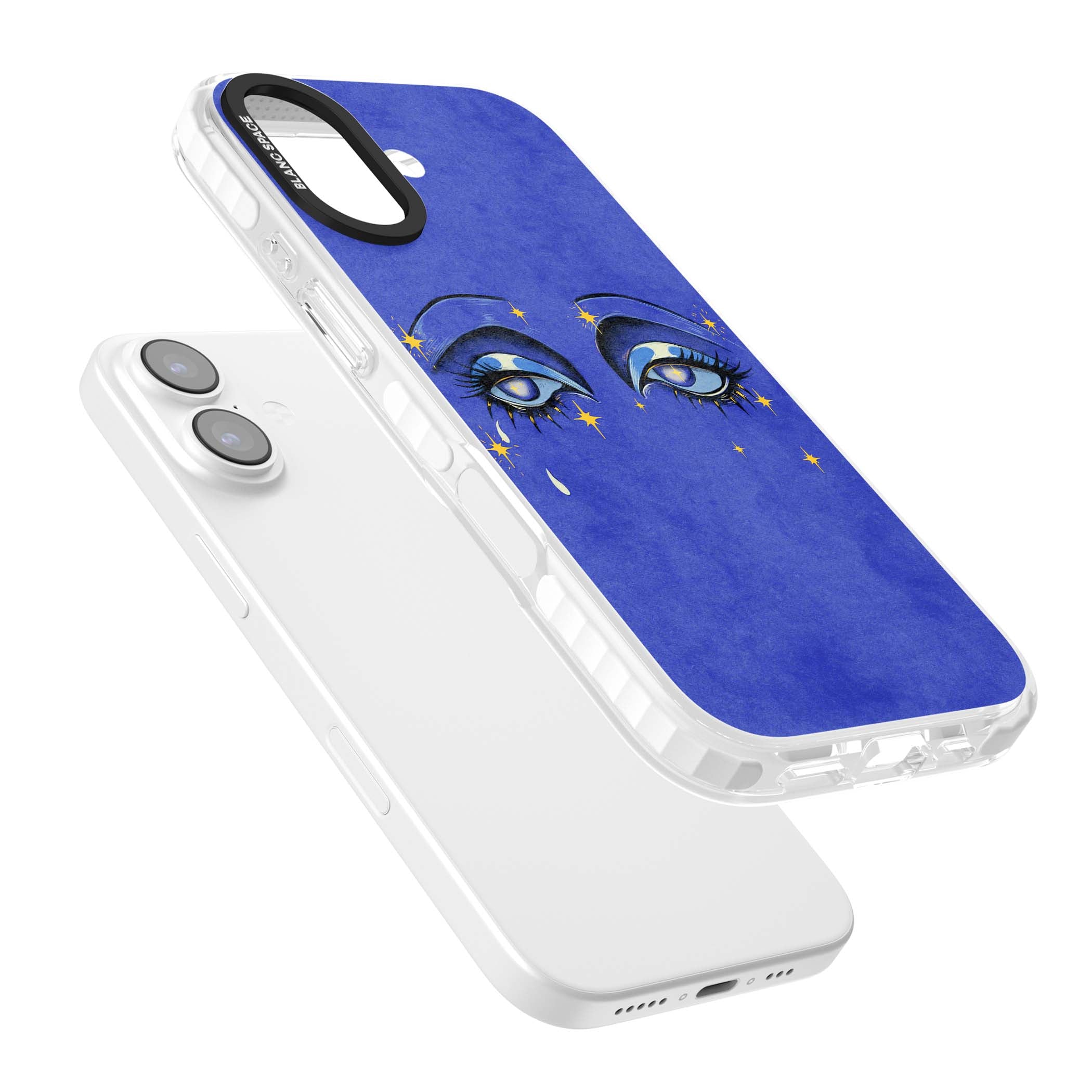 Blue Mystic Eyes celestial iPhone case featuring hand drawn blue mystical eyes, golden stars and a painted tear on indigo | Black Impact case for iPhone 17