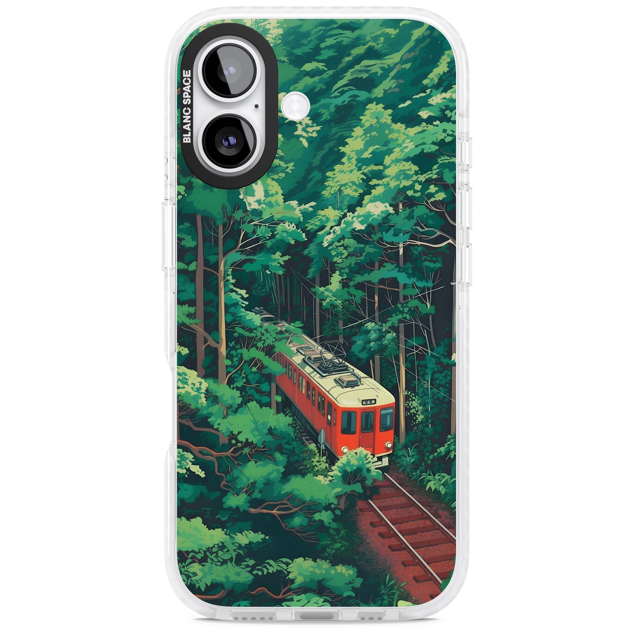 Railway In Toyama Japanese iPhone case featuring a red train, cedar forest and winding mountain railway tracks | Black Impact case for iPhone 17