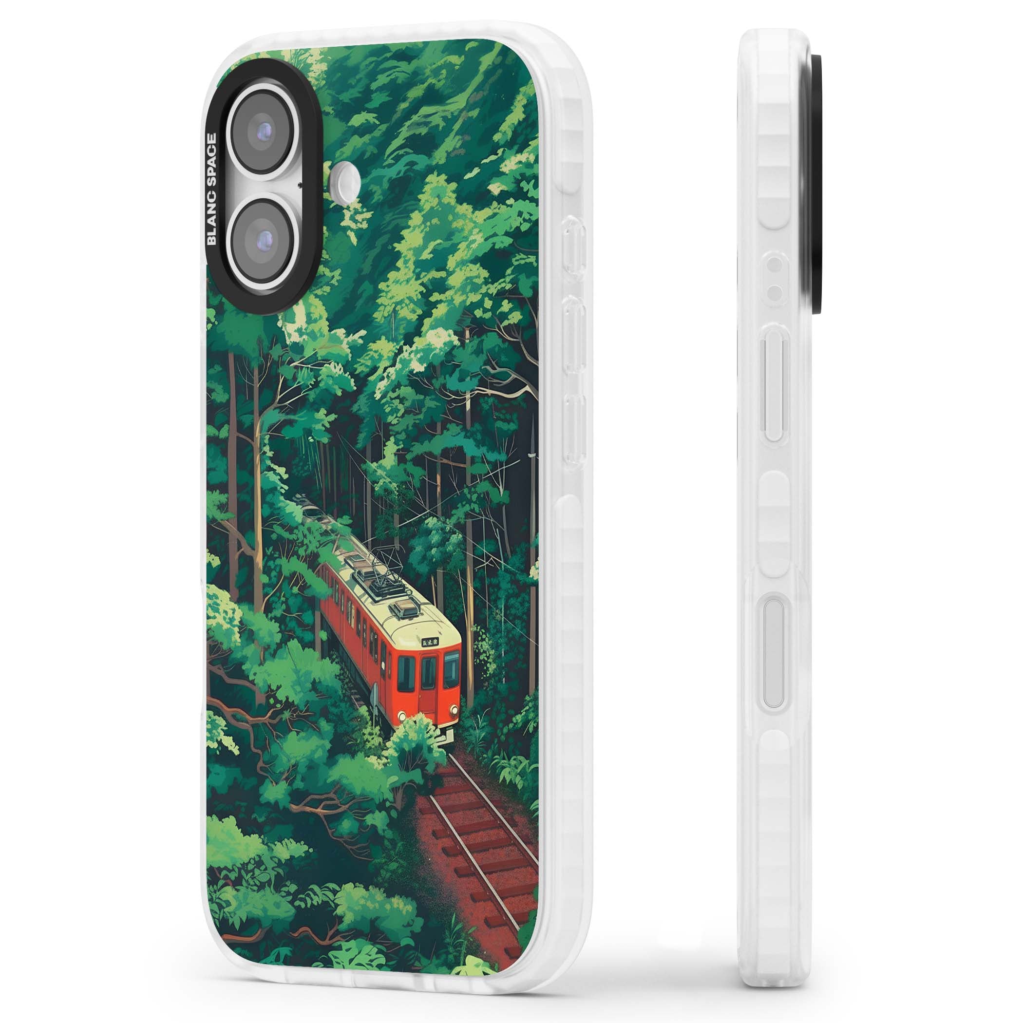 Railway In Toyama Japanese iPhone case featuring a red train, cedar forest and winding mountain railway tracks | Black Impact case for iPhone 17