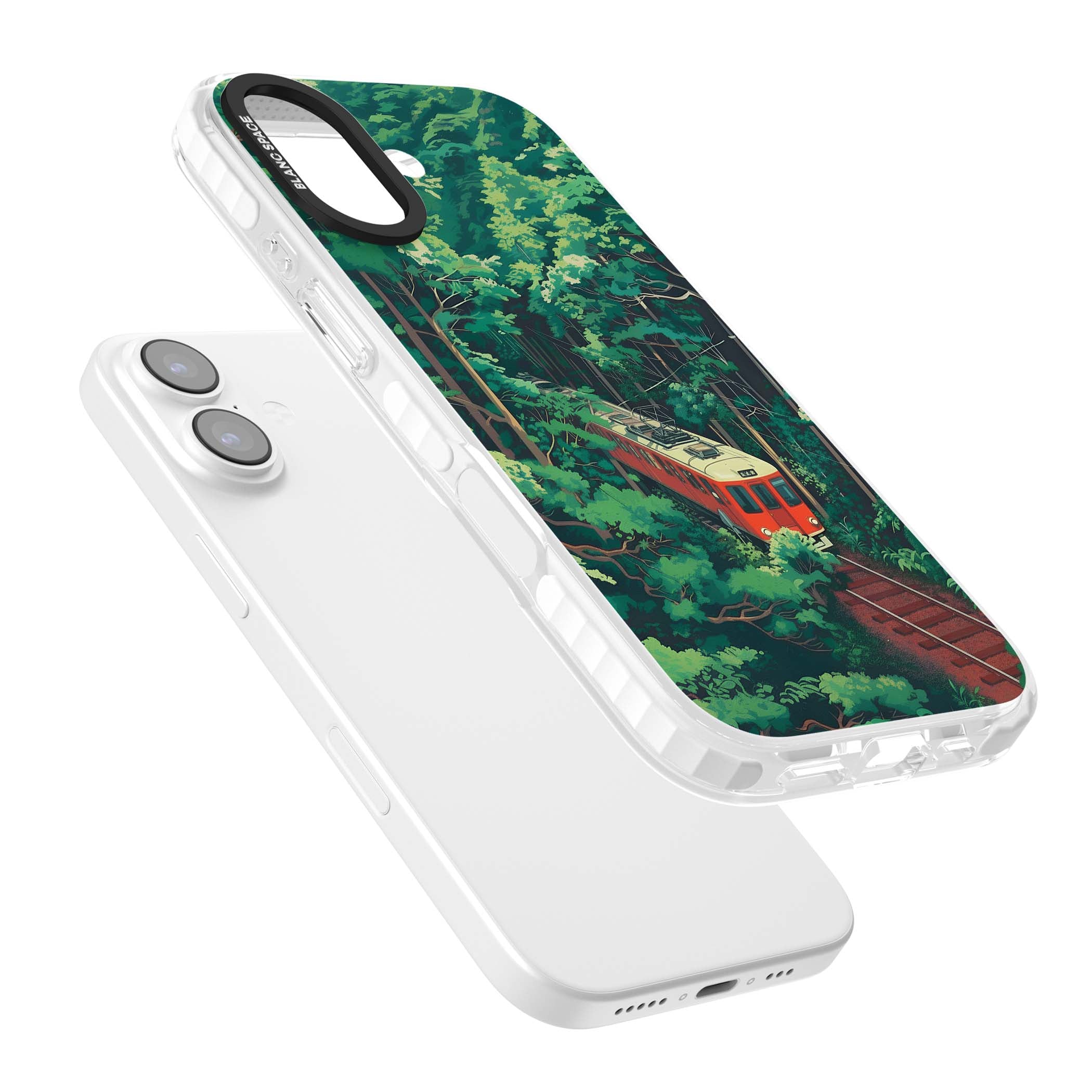 Railway In Toyama Japanese iPhone case featuring a red train, cedar forest and winding mountain railway tracks | Black Impact case for iPhone 17