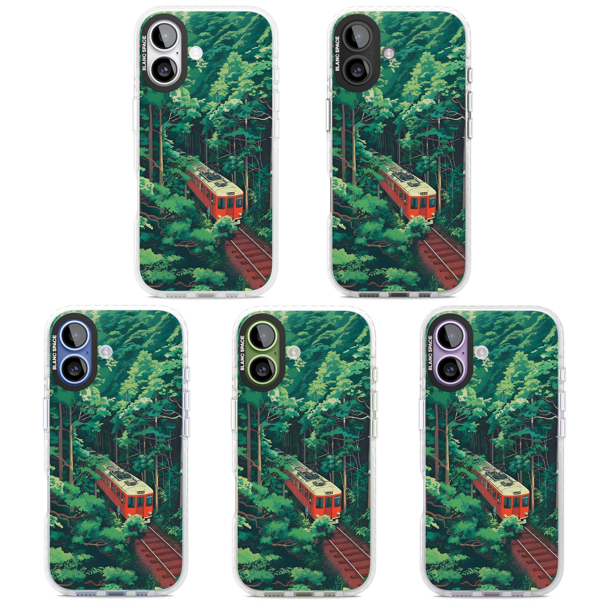 Railway In Toyama Japanese iPhone case featuring a red train, cedar forest and winding mountain railway tracks | Black Impact case for iPhone 17