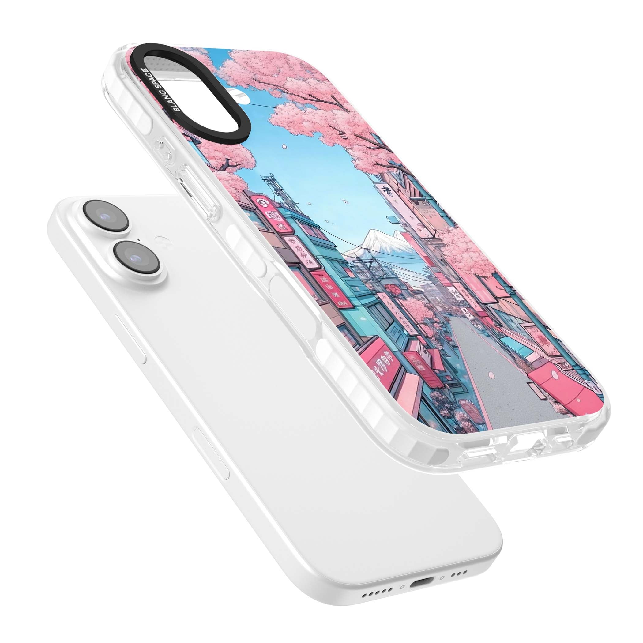 Sakura Lane anime iPhone case featuring Tokyo street scene with cherry blossoms and Mount Fuji | Black Impact case for iPhone 17