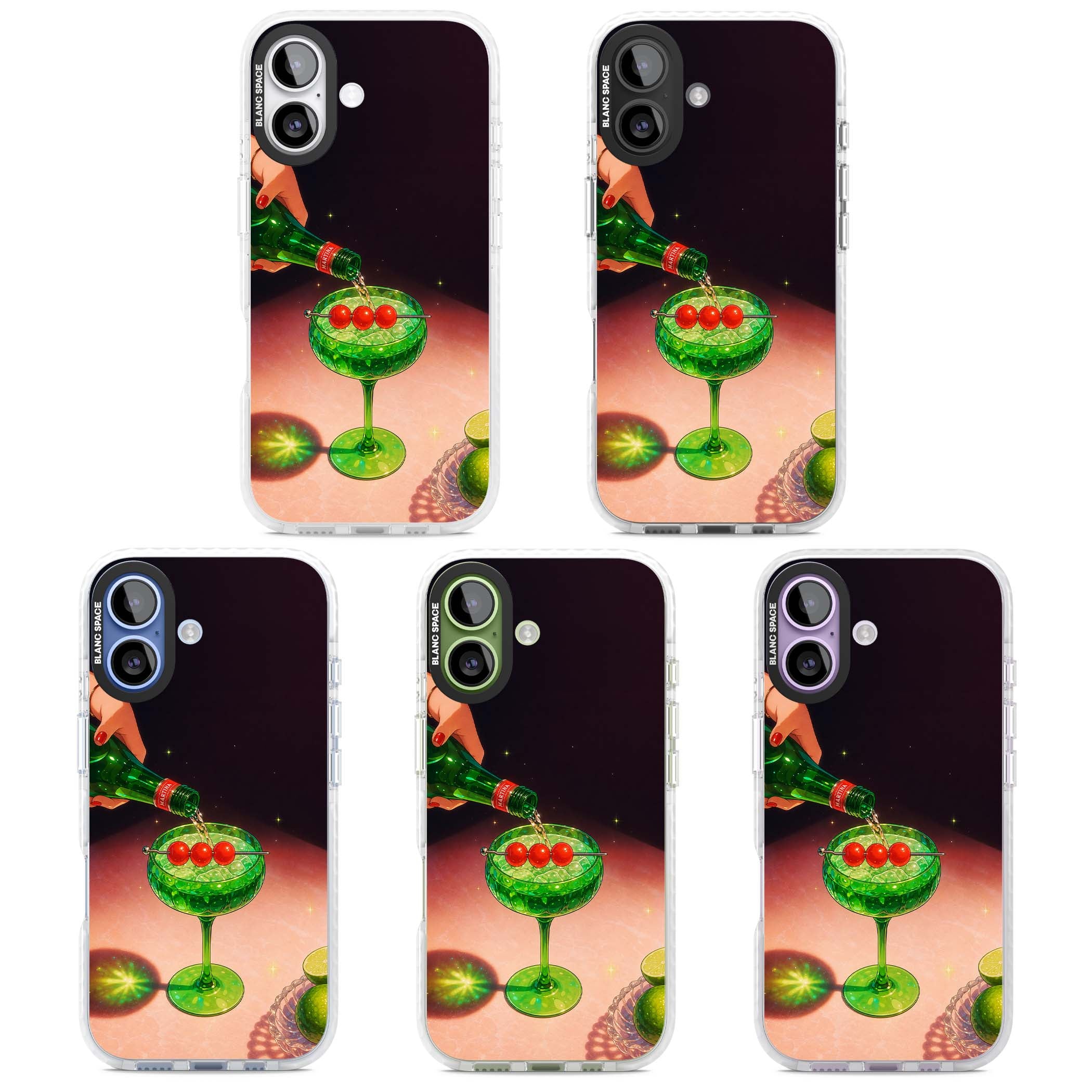 Absinthe Hour cocktail iPhone case featuring a green coupe glass, cherry garnish and vintage bottle pour illustration | Black Impact case for iPhone 17