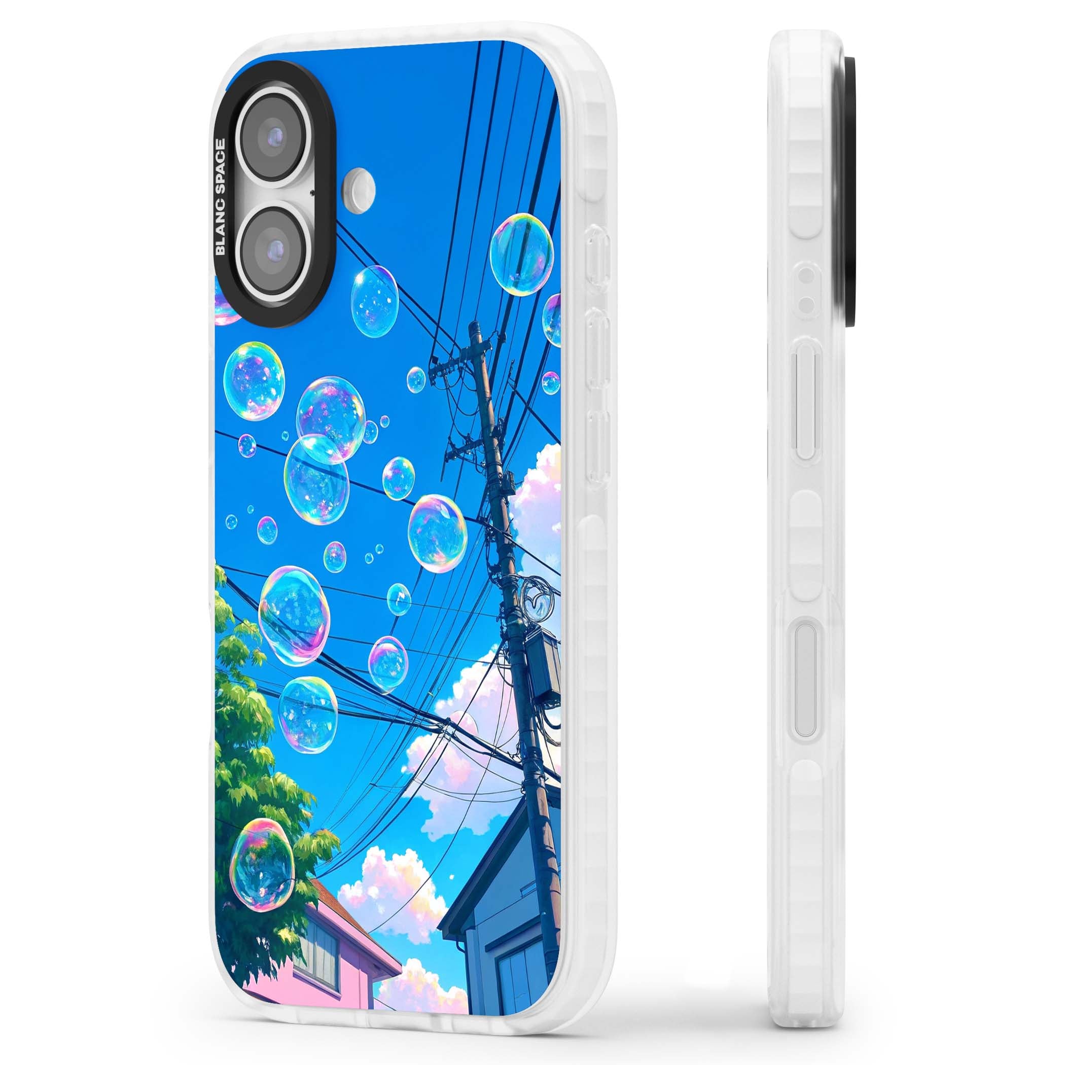 Suburban Bubbles anime iPhone case featuring iridescent soap bubbles, blue sky and Japanese telephone wires | Black Impact case for iPhone 17