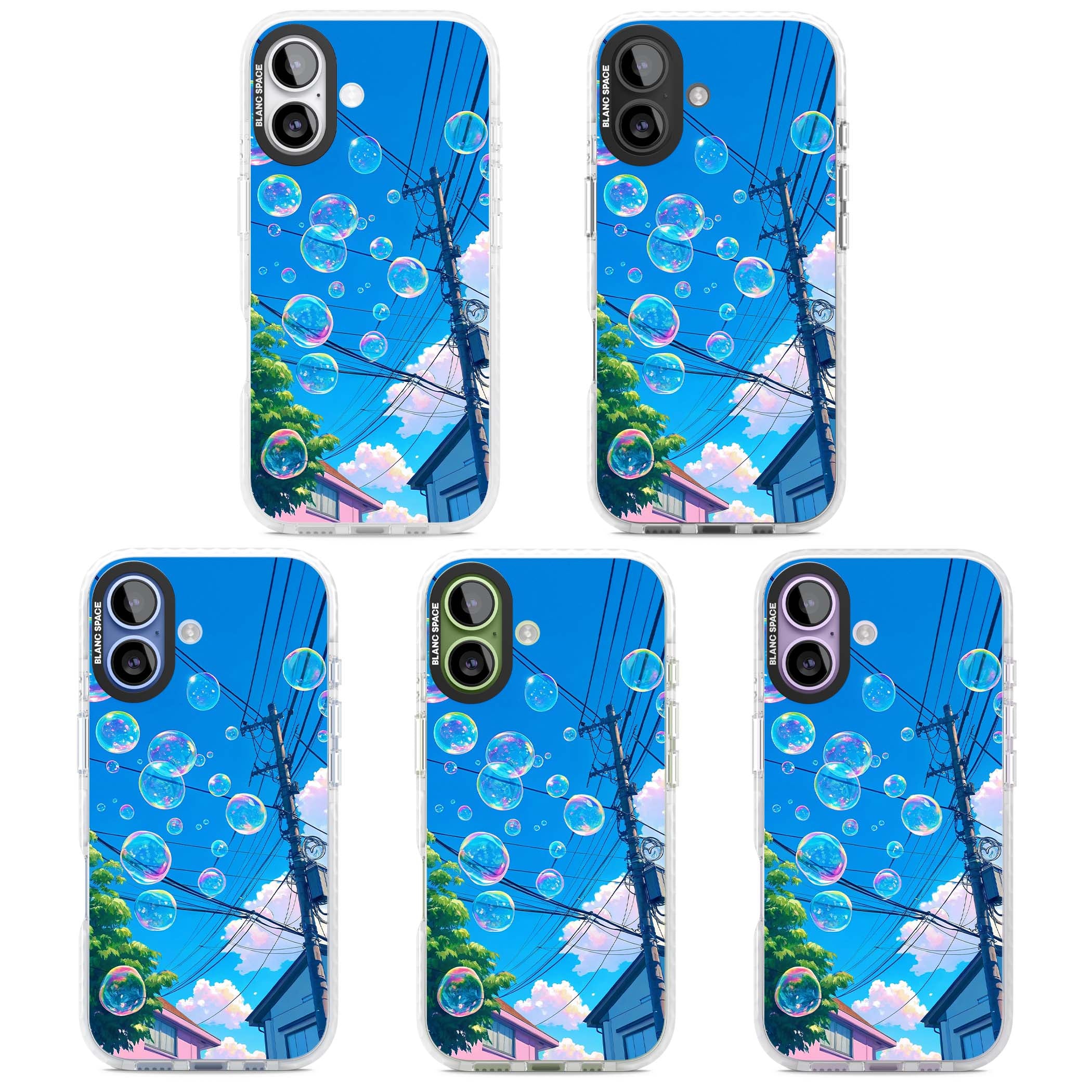 Suburban Bubbles anime iPhone case featuring iridescent soap bubbles, blue sky and Japanese telephone wires | Black Impact case for iPhone 17