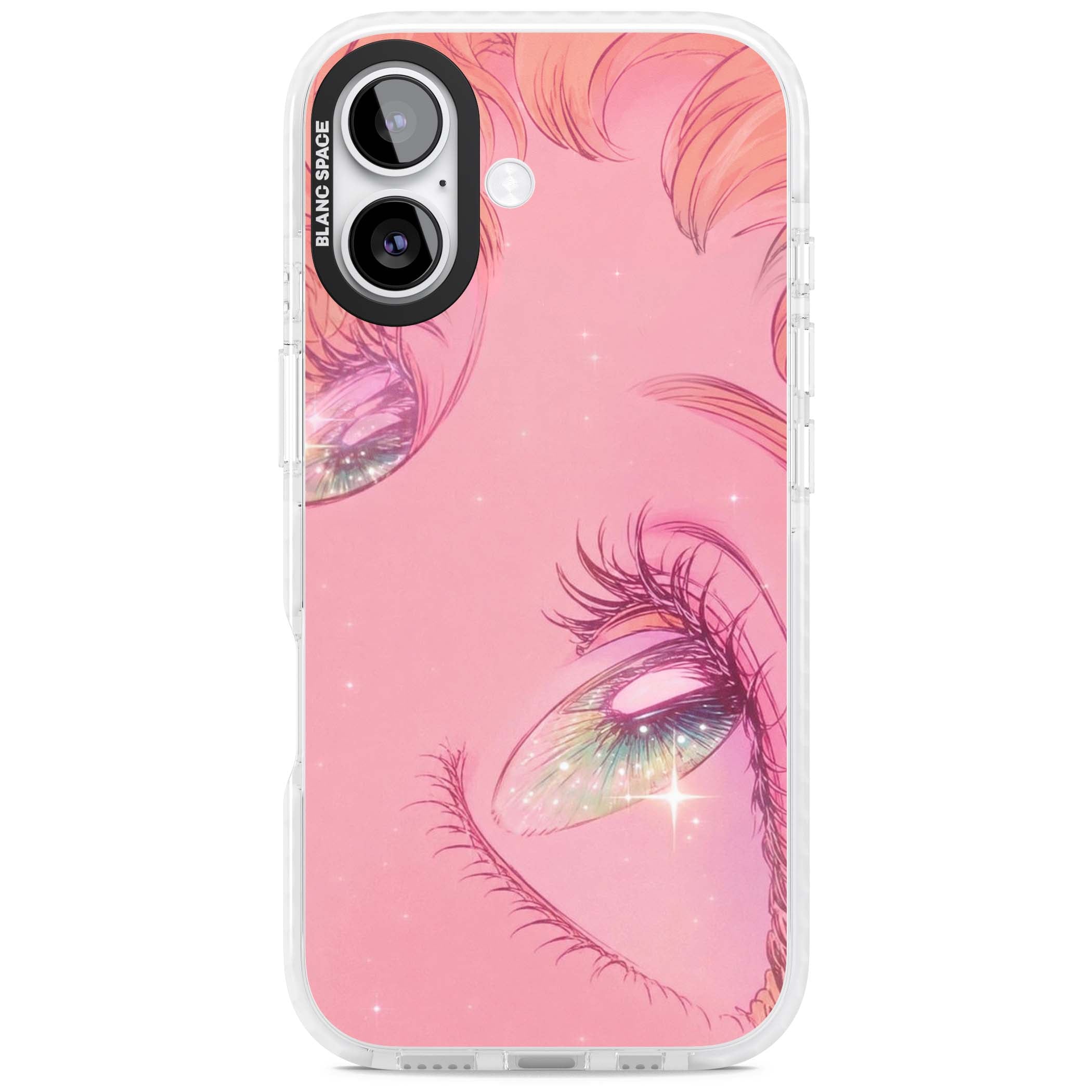 Pink Ethereal Gaze anime iPhone case featuring sparkling manga eyes, coral lashes and dreamy peach sky | Black Impact case for iPhone 17
