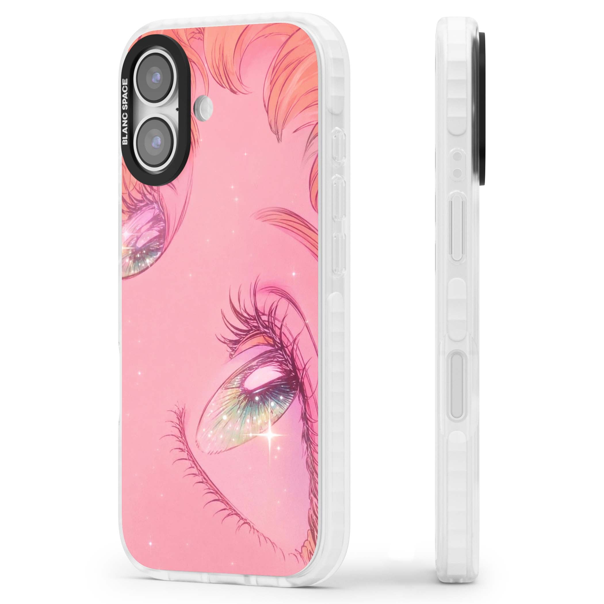 Pink Ethereal Gaze anime iPhone case featuring sparkling manga eyes, coral lashes and dreamy peach sky | Black Impact case for iPhone 17