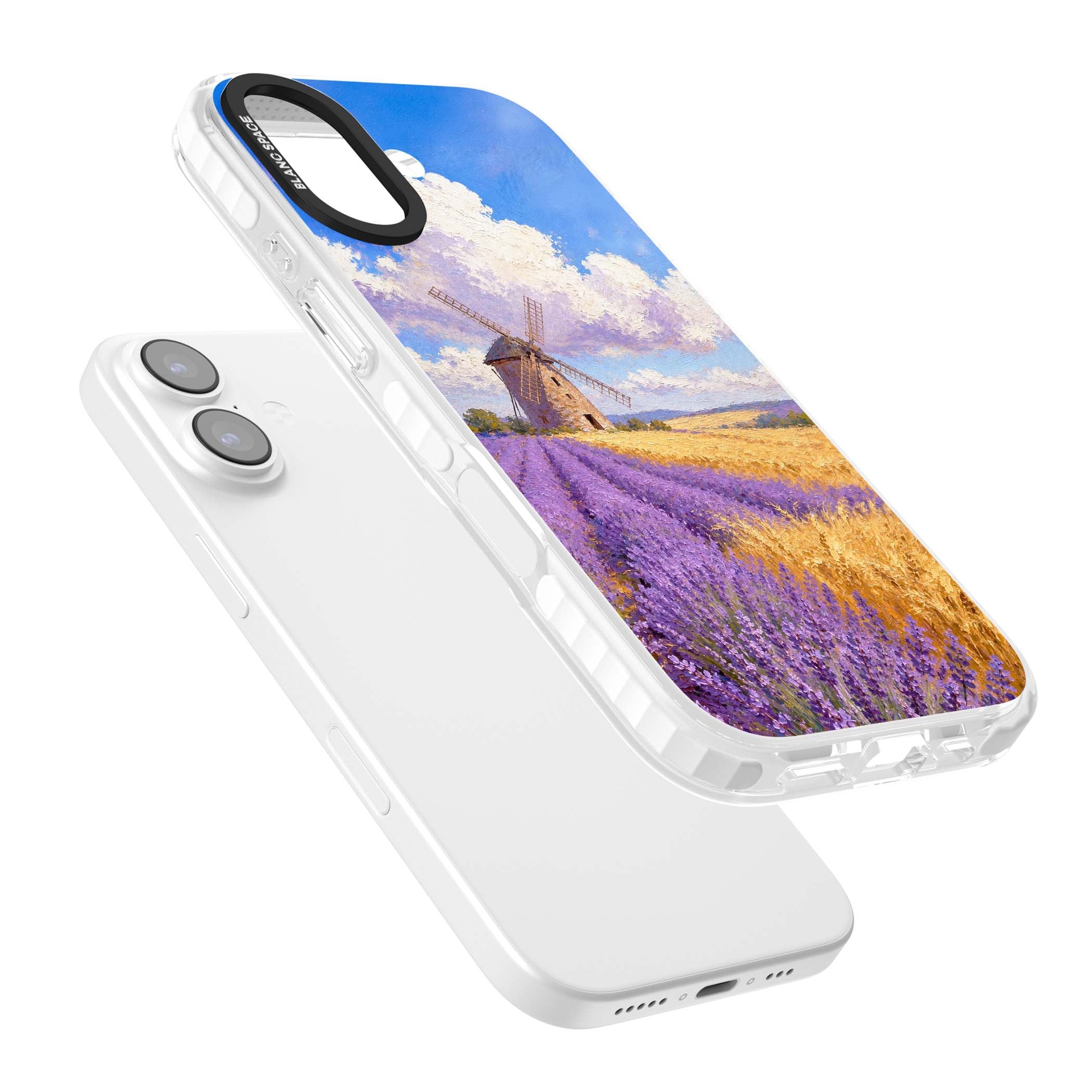 Lavender Mill cottagecore iPhone case featuring a French windmill, lavender field and golden wheat oil painting | Black Impact case for iPhone 17