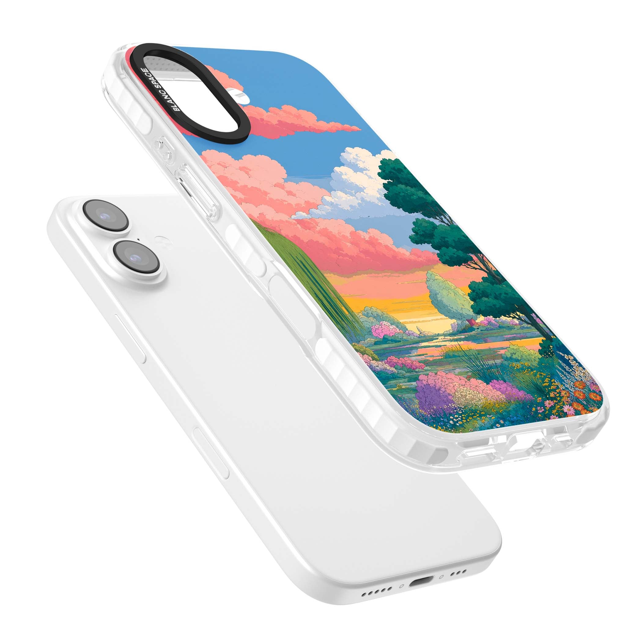 Dream Valley anime landscape iPhone case featuring pink sunset clouds, willow trees and wildflowers | Black Impact case for iPhone 17