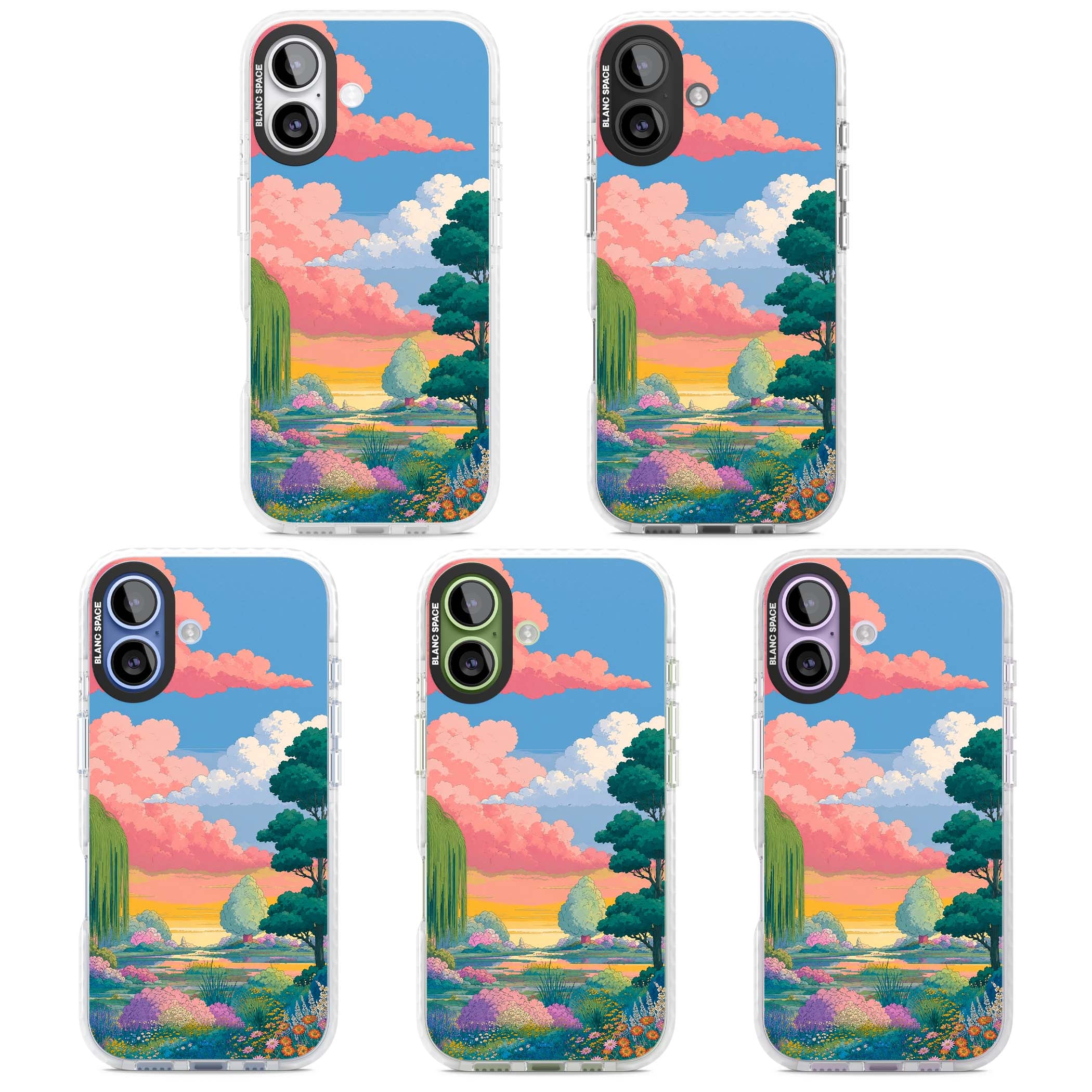 Dream Valley anime landscape iPhone case featuring pink sunset clouds, willow trees and wildflowers | Black Impact case for iPhone 17