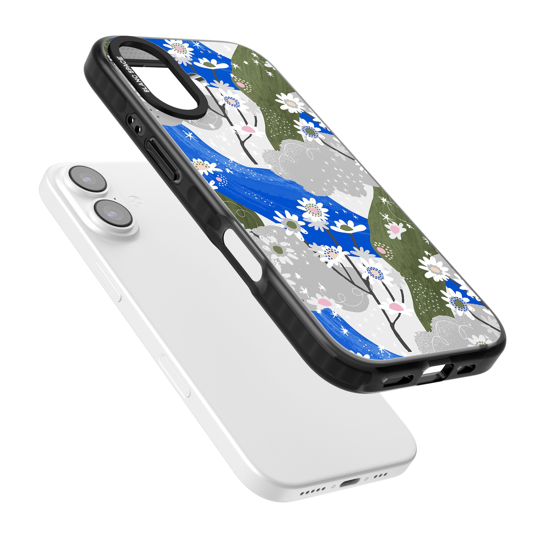 Blue & Grey Daisies Pattern iPhone 17 Impact Black Phone Case Colours