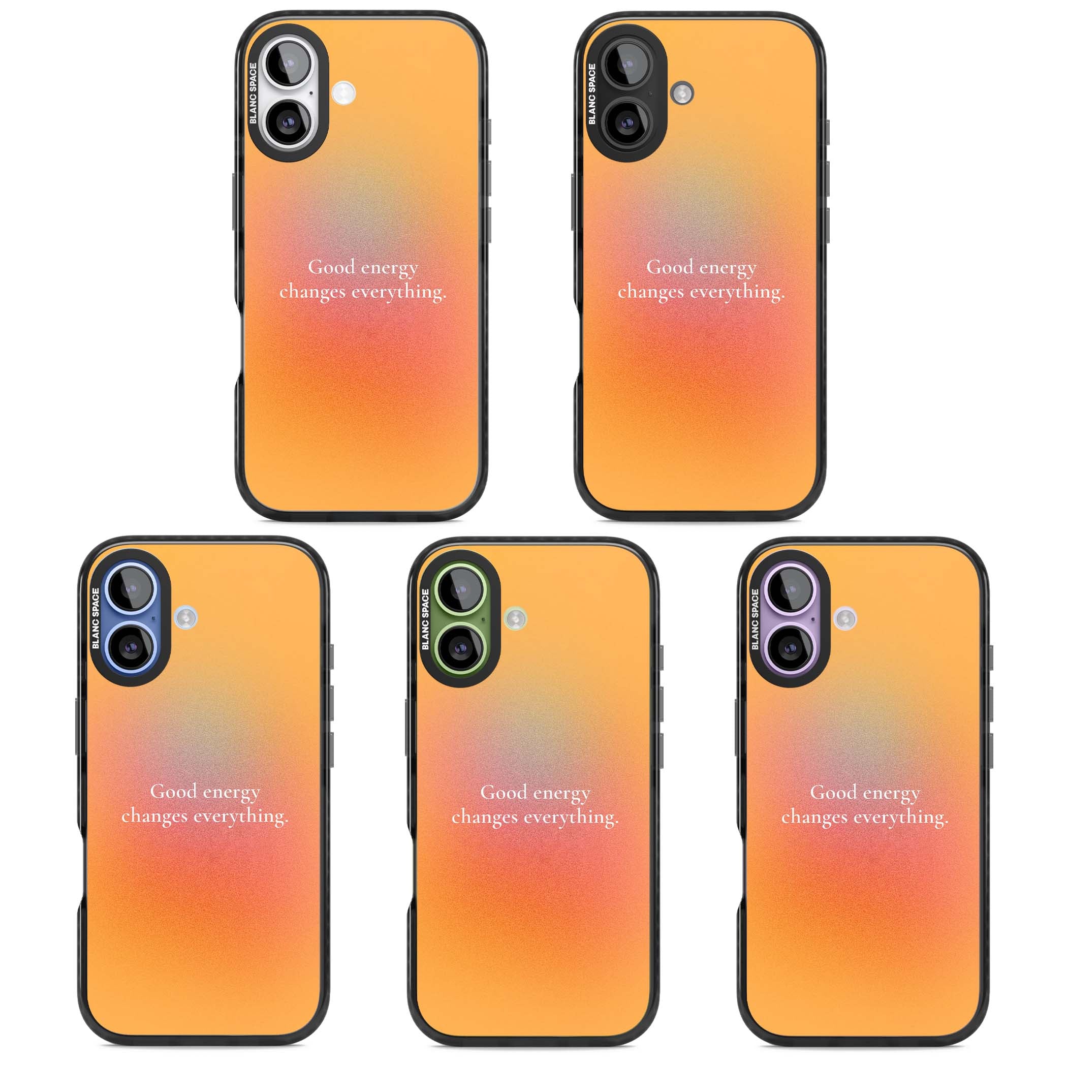 Good Energy quote iPhone case featuring an orange and pink aura gradient with white serif affirmation text | Clear Impact case for iPhone 17