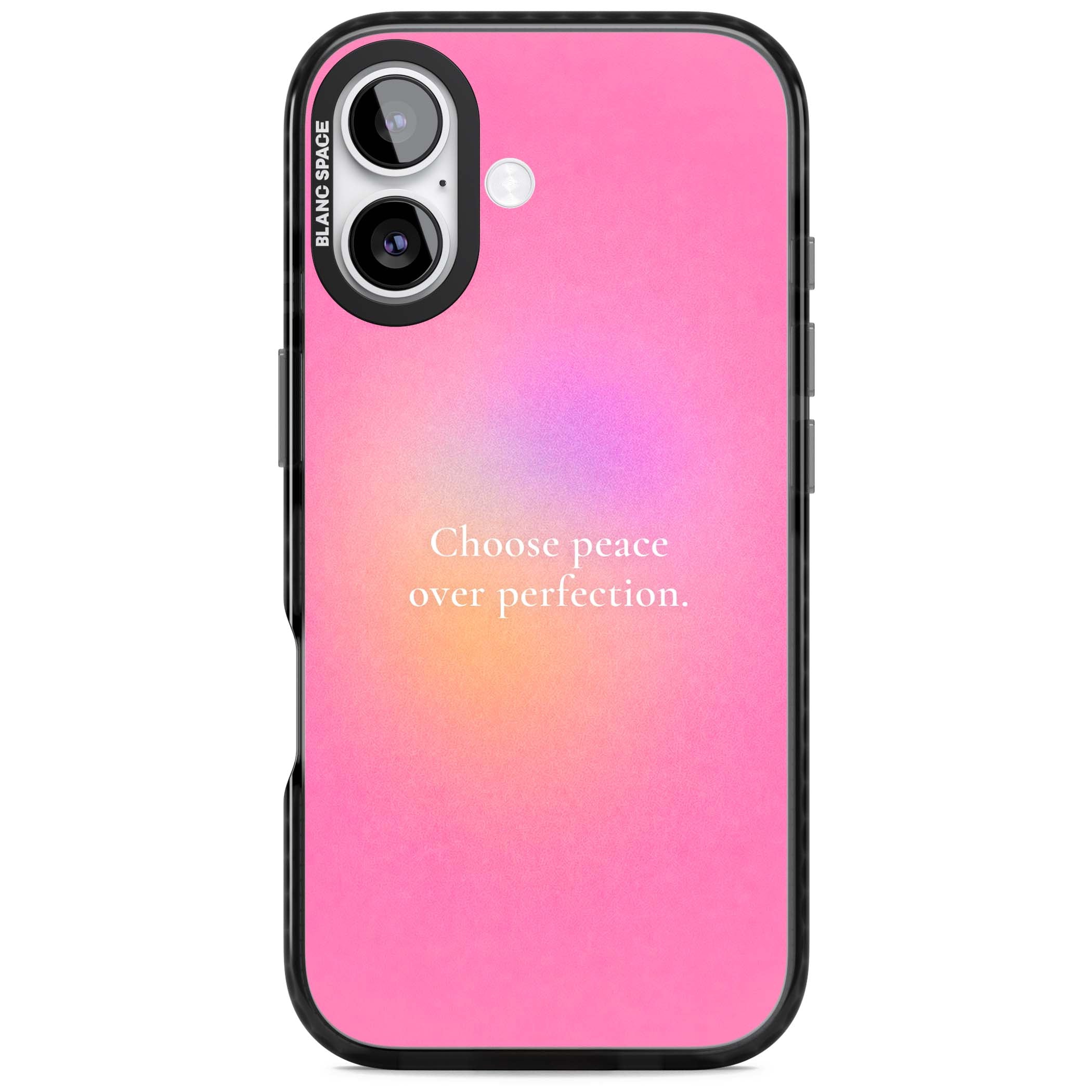 Peace Over Perfection quote iPhone case featuring a dreamy pink aura gradient and delicate white affirmation text | Clear Impact case for iPhone 17
