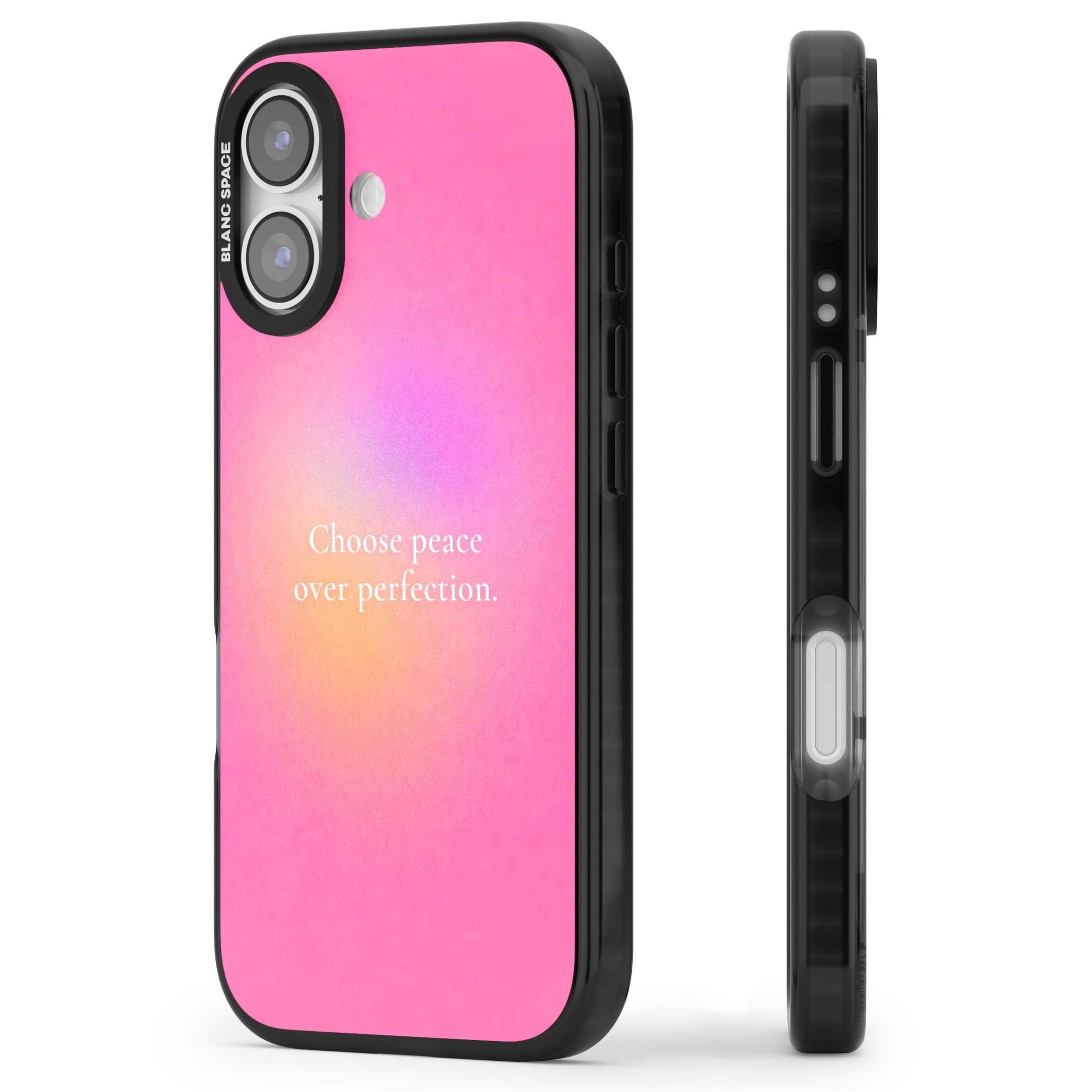 Peace Over Perfection quote iPhone case featuring a dreamy pink aura gradient and delicate white affirmation text | Clear Impact case for iPhone 17
