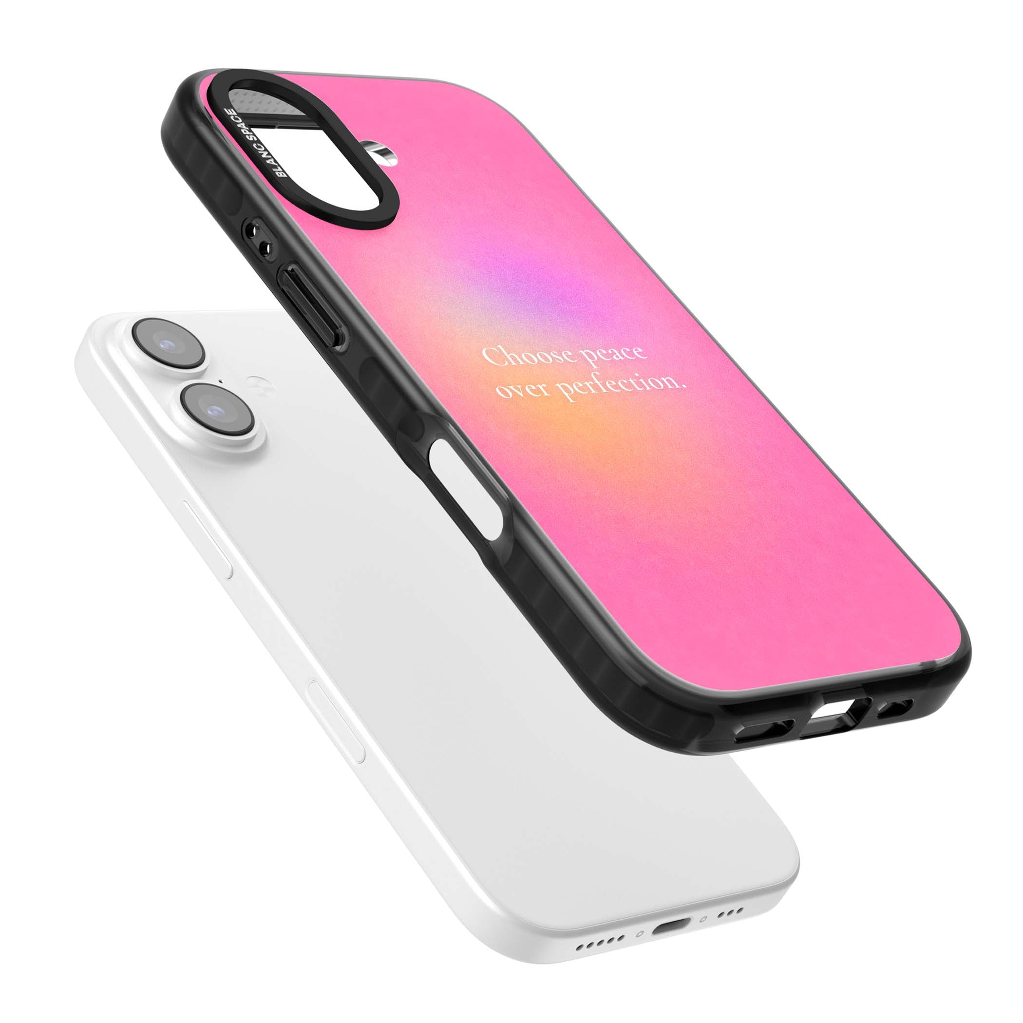 Peace Over Perfection quote iPhone case featuring a dreamy pink aura gradient and delicate white affirmation text | Clear Impact case for iPhone 17
