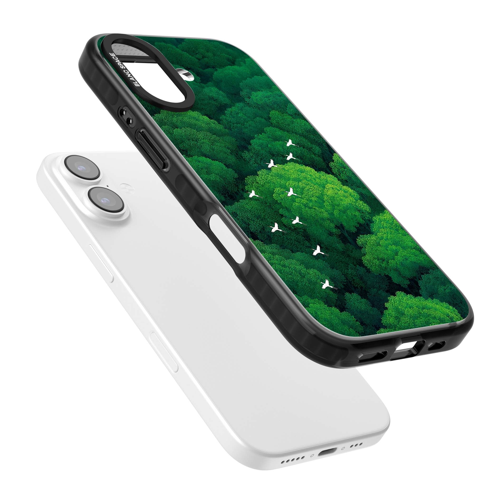 Grove Migration forest iPhone case featuring white cranes flying over lush green treetop canopy | Clear Impact case for iPhone 17