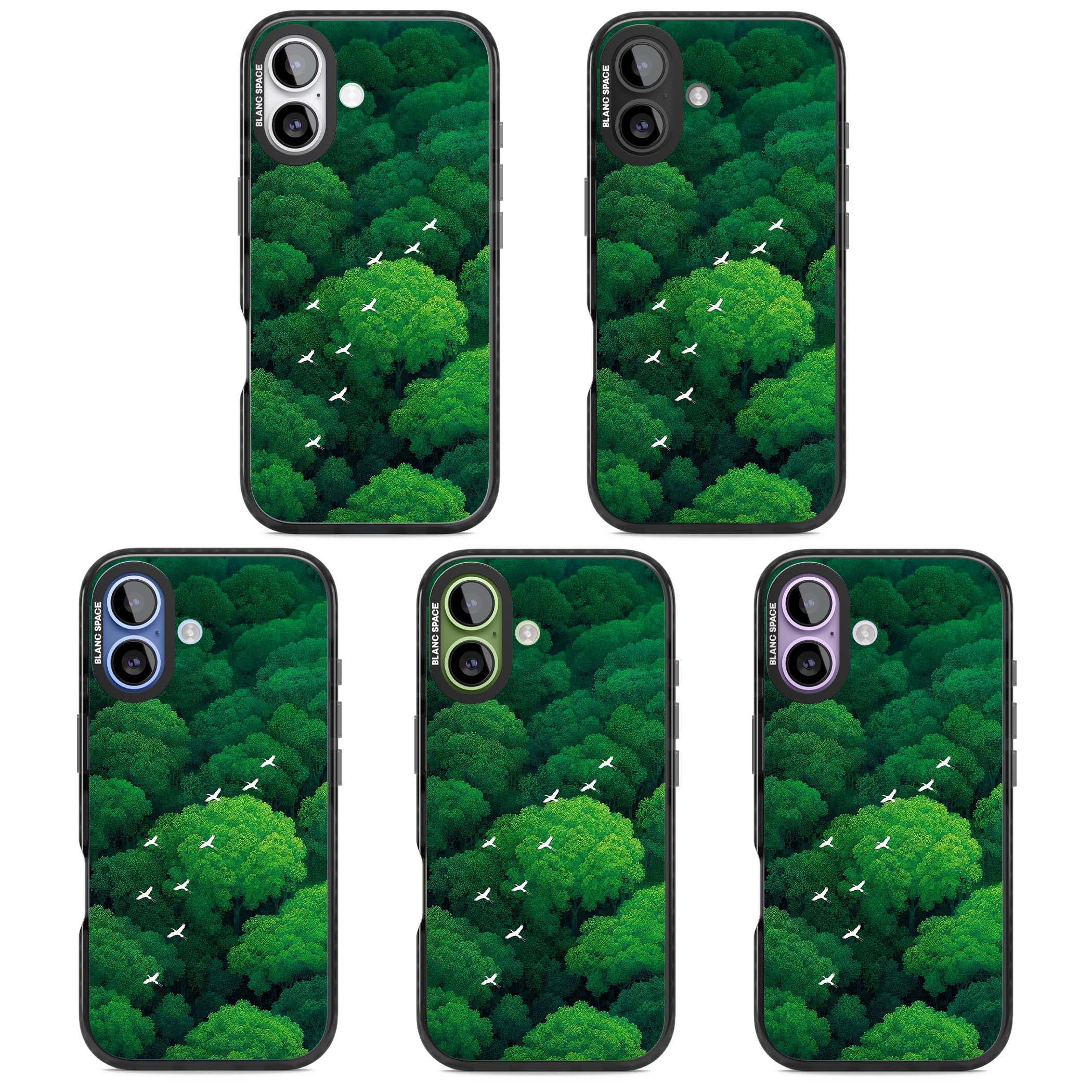Grove Migration forest iPhone case featuring white cranes flying over lush green treetop canopy | Clear Impact case for iPhone 17