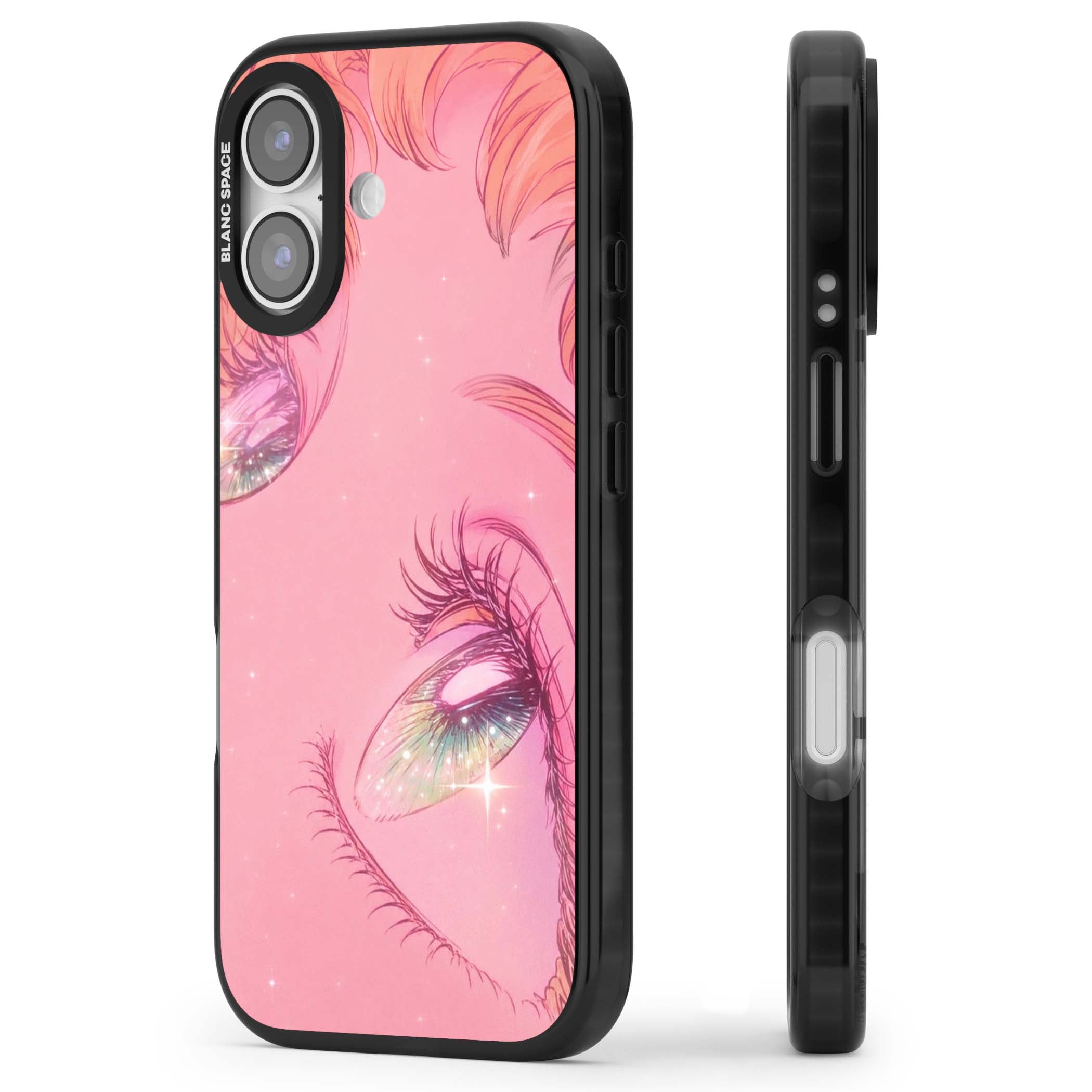 Pink Ethereal Gaze anime iPhone case featuring sparkling manga eyes, coral lashes and dreamy peach sky | Clear Impact case for iPhone 17