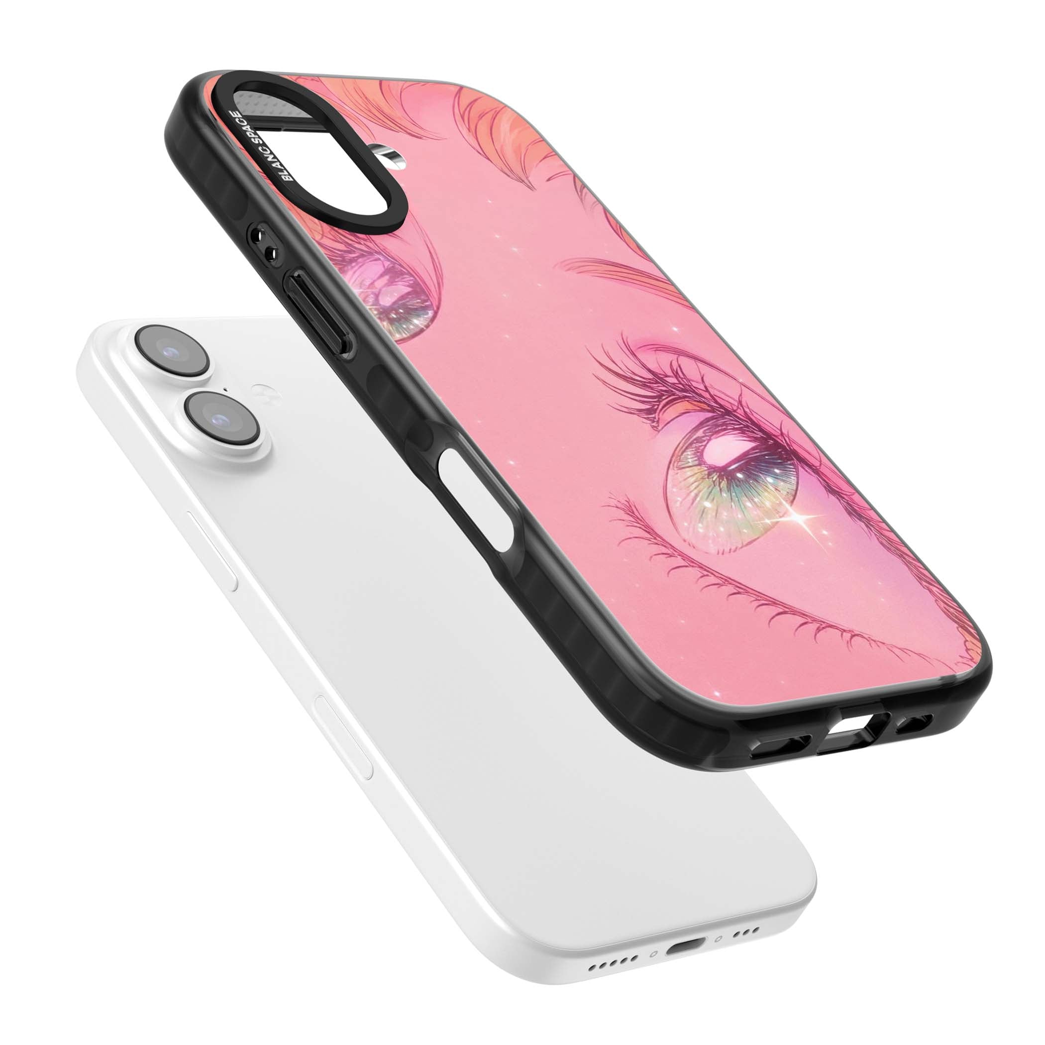 Pink Ethereal Gaze anime iPhone case featuring sparkling manga eyes, coral lashes and dreamy peach sky | Clear Impact case for iPhone 17