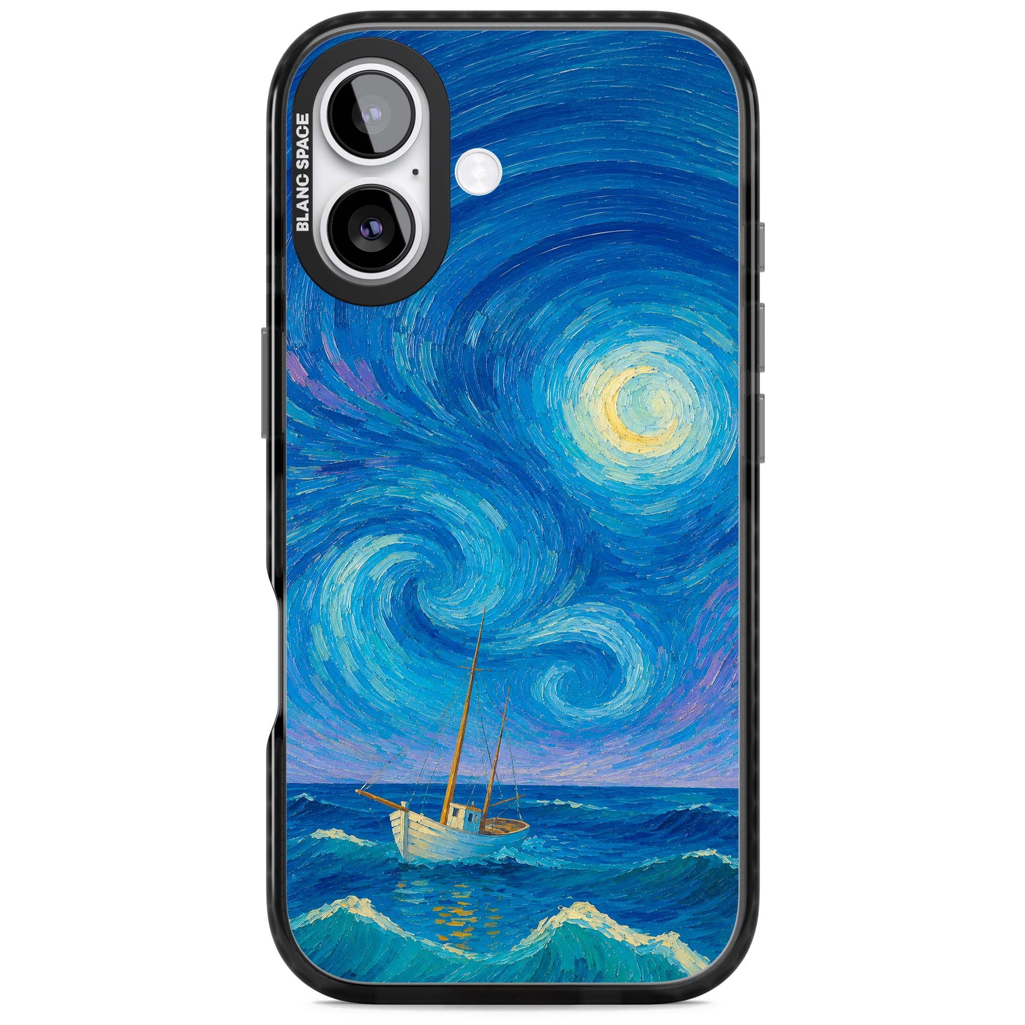 Moonlit Tide Van Gogh art iPhone case featuring swirling starry night sky, glowing moon and lone sailing boat at sea | Clear Impact case for iPhone 17
