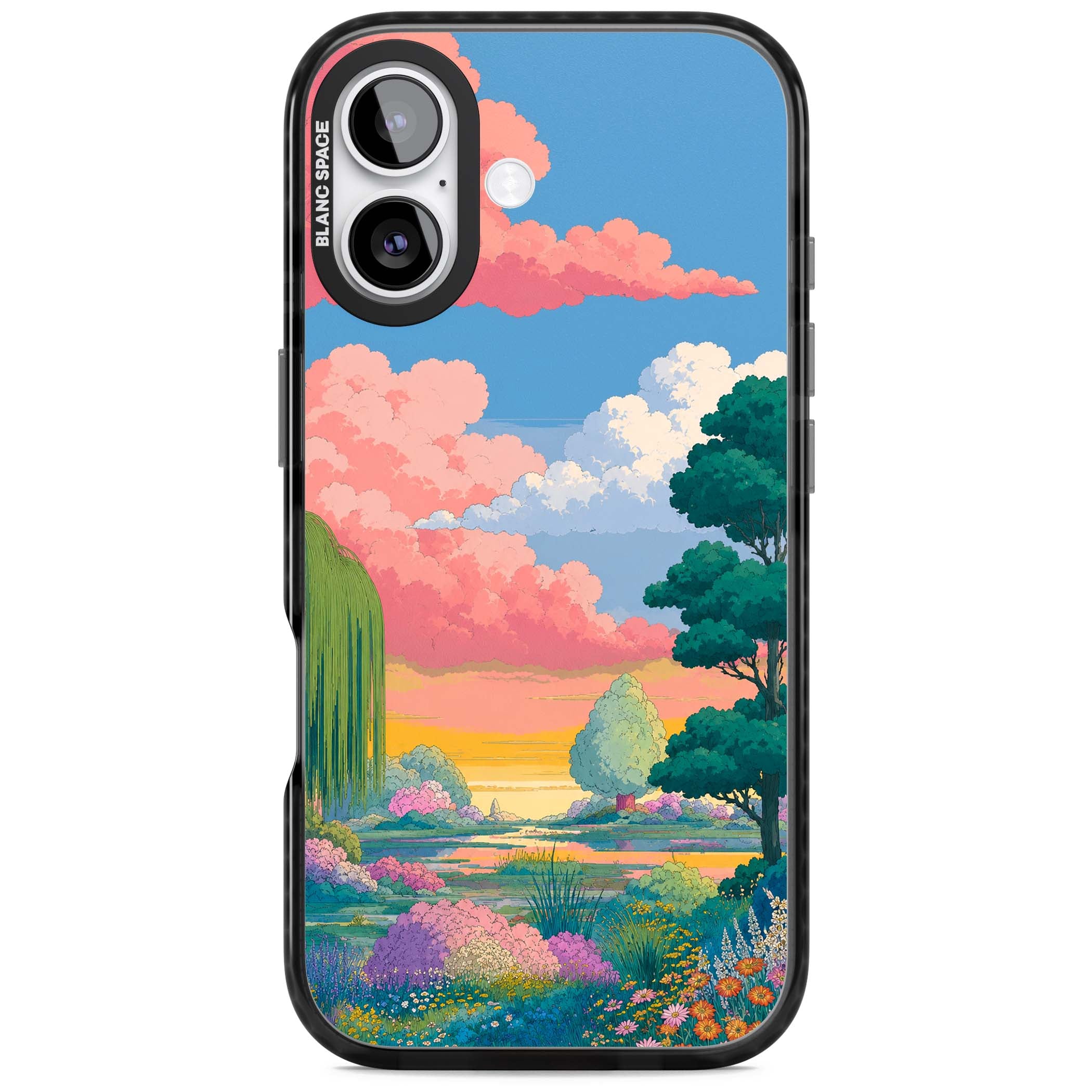 Dream Valley anime landscape iPhone case featuring pink sunset clouds, willow trees and wildflowers | Clear Impact case for iPhone 17