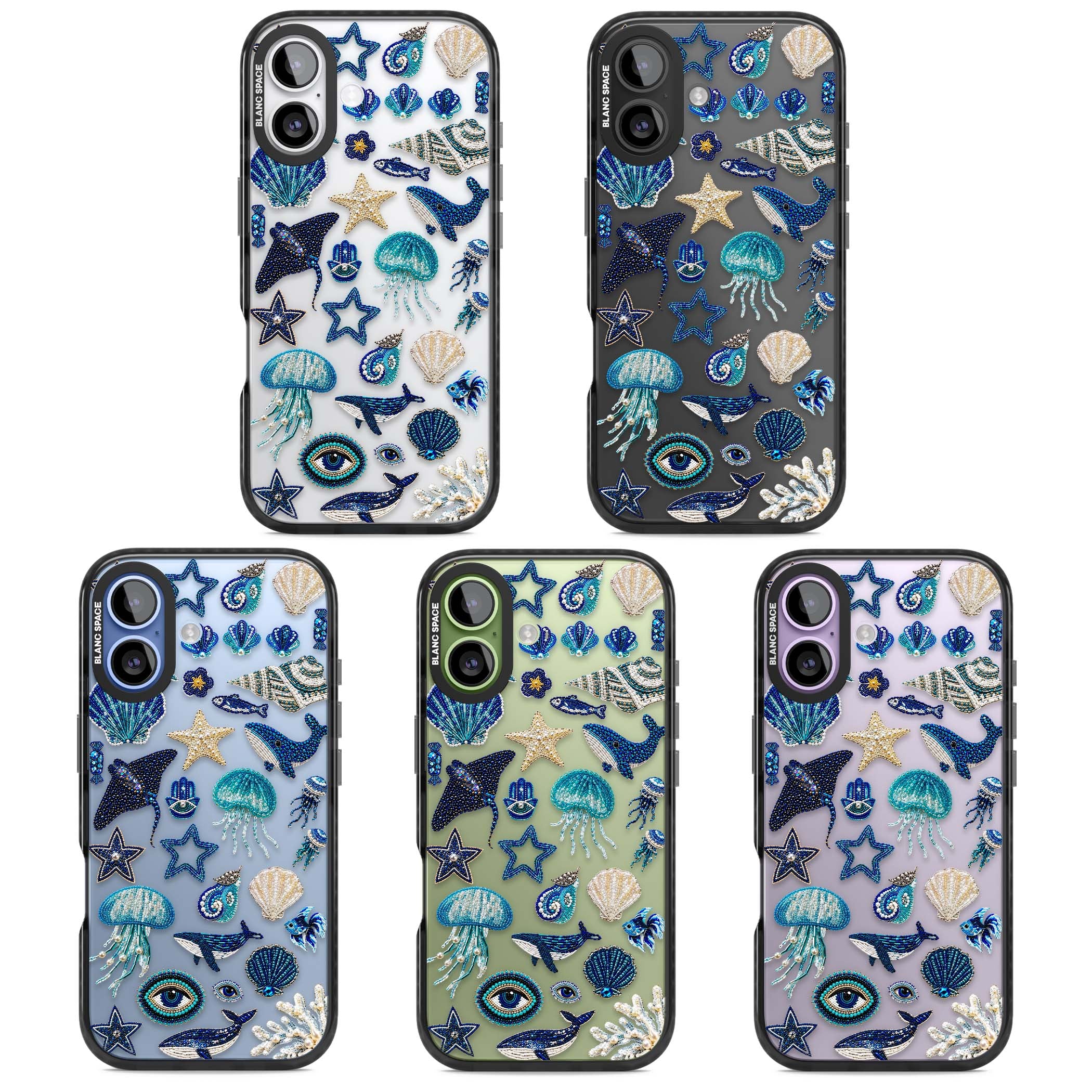 Beaded Coastal coastal iPhone case featuring embroidered seashells, jellyfish and a blue whale on clear | Clear Impact case for iPhone 17