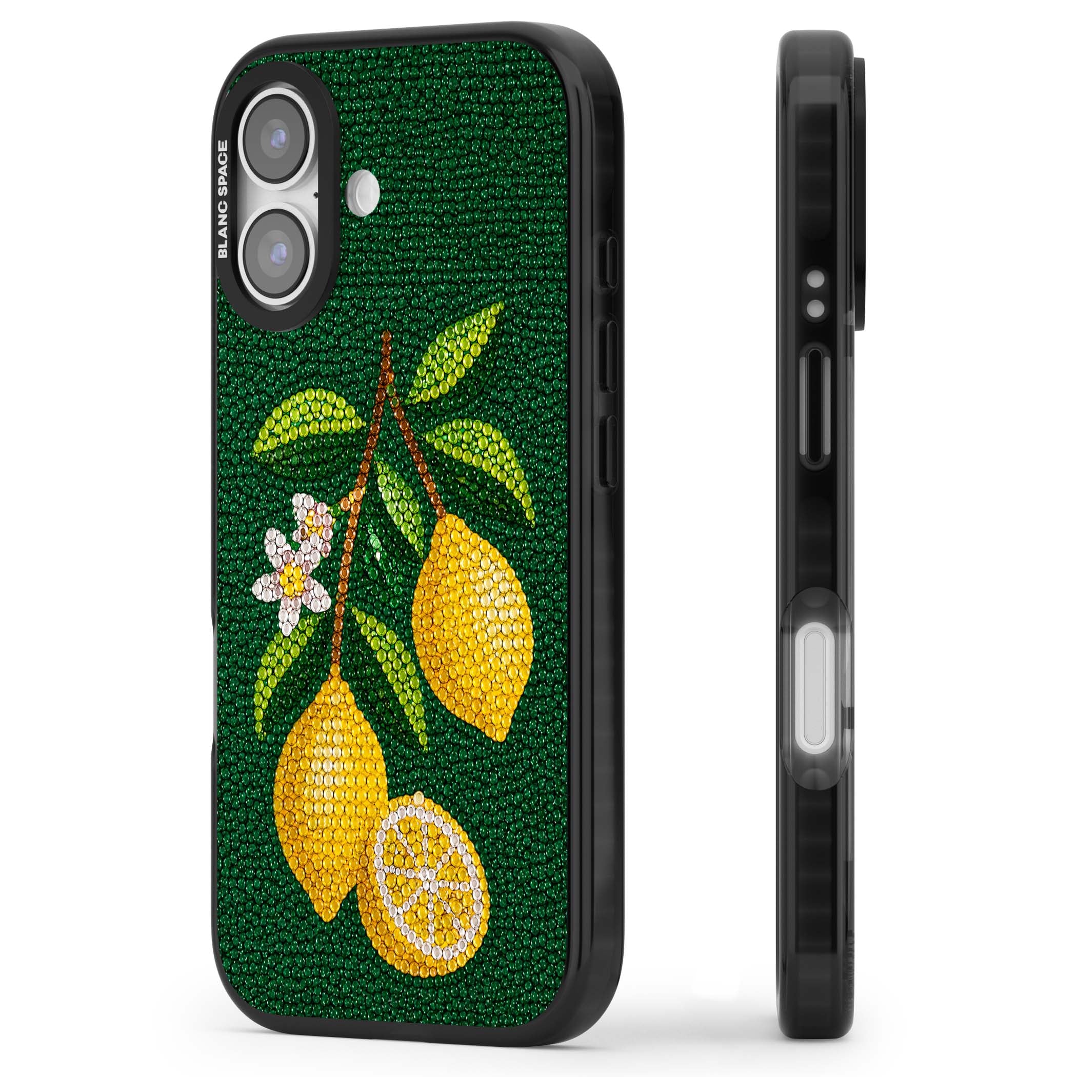 Beaded Lemons coastal iPhone case featuring crystal-beaded lemons, citrus blossom and green leaves on emerald ground | Clear Impact case for iPhone 17