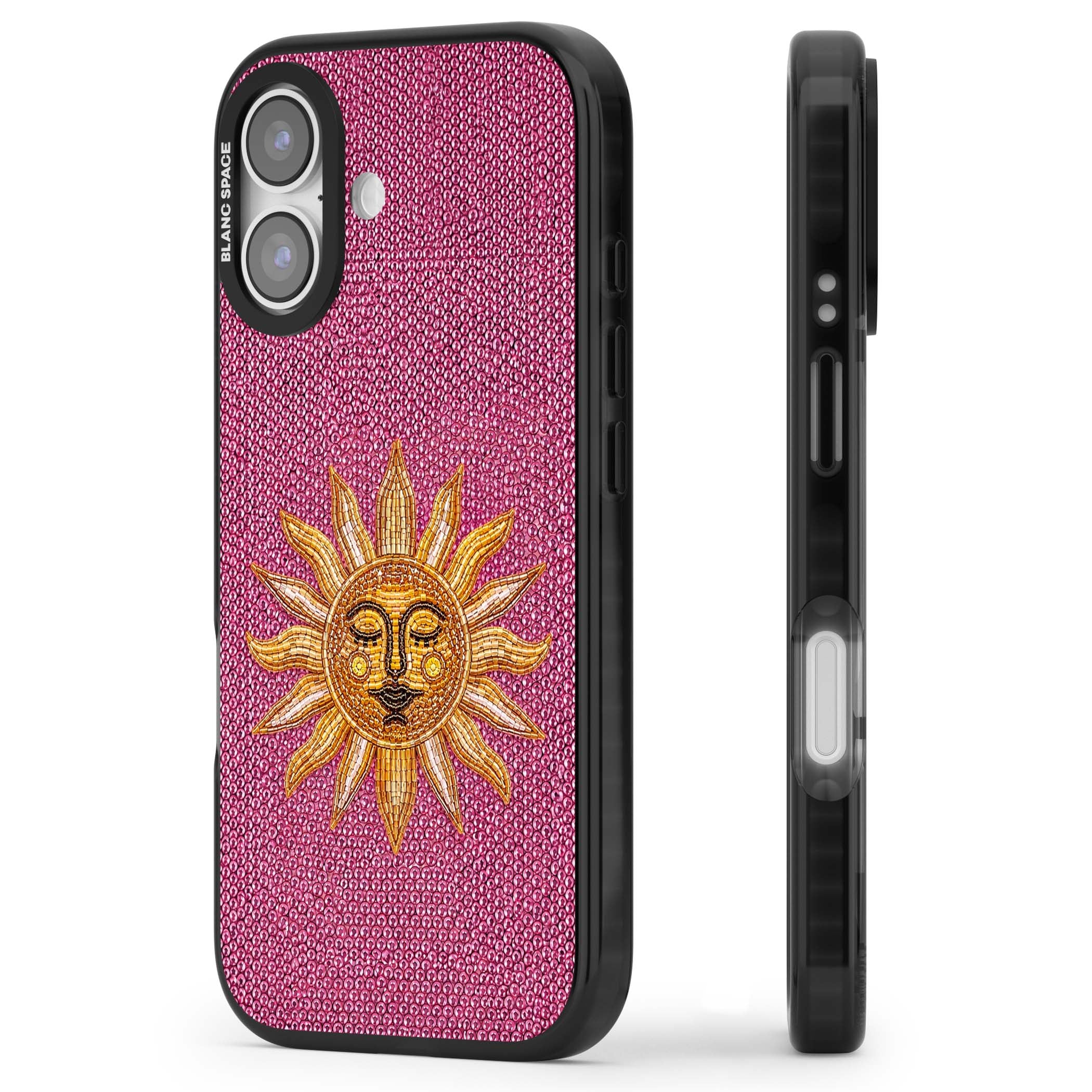 Beaded Sun celestial iPhone case featuring a golden beaded sun face with radiant rays on hot pink beaded background | Clear Impact case for iPhone 17