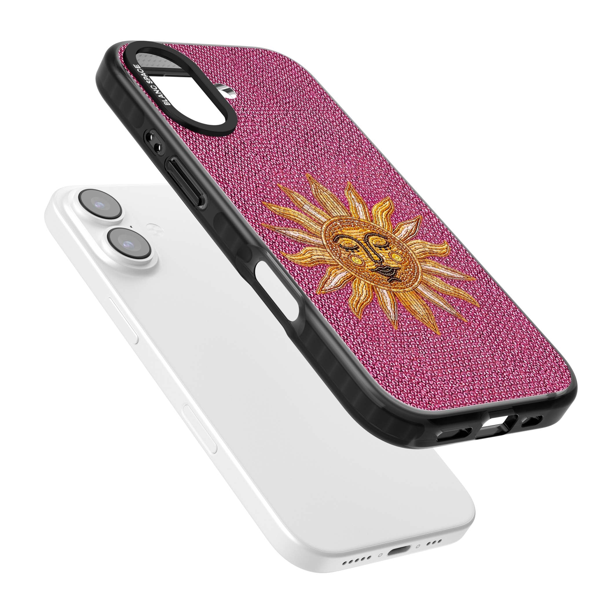 Beaded Sun celestial iPhone case featuring a golden beaded sun face with radiant rays on hot pink beaded background | Clear Impact case for iPhone 17