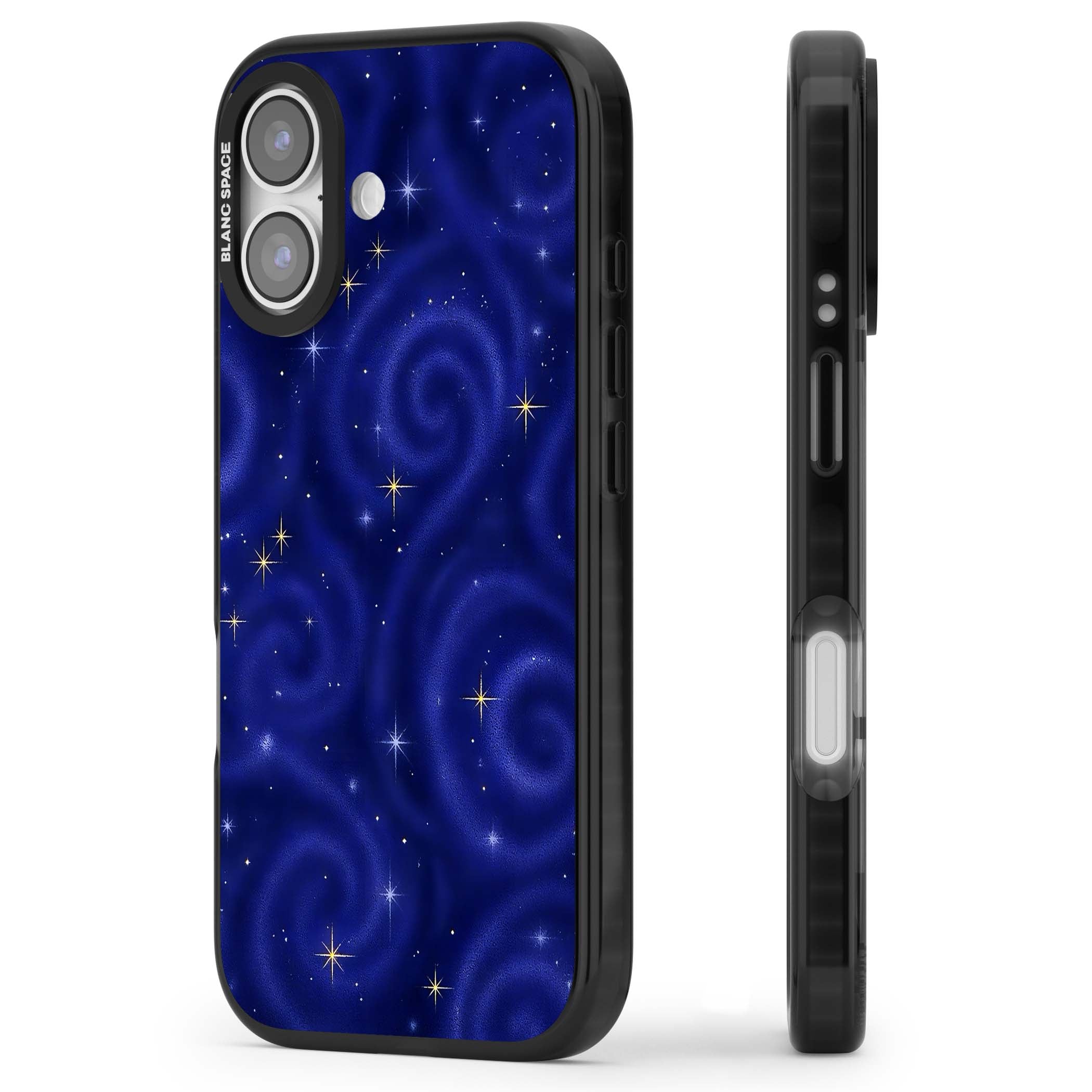 Indigo Cosmos celestial iPhone case featuring swirling navy night sky and sparkling golden stars | Clear Impact case for iPhone 17
