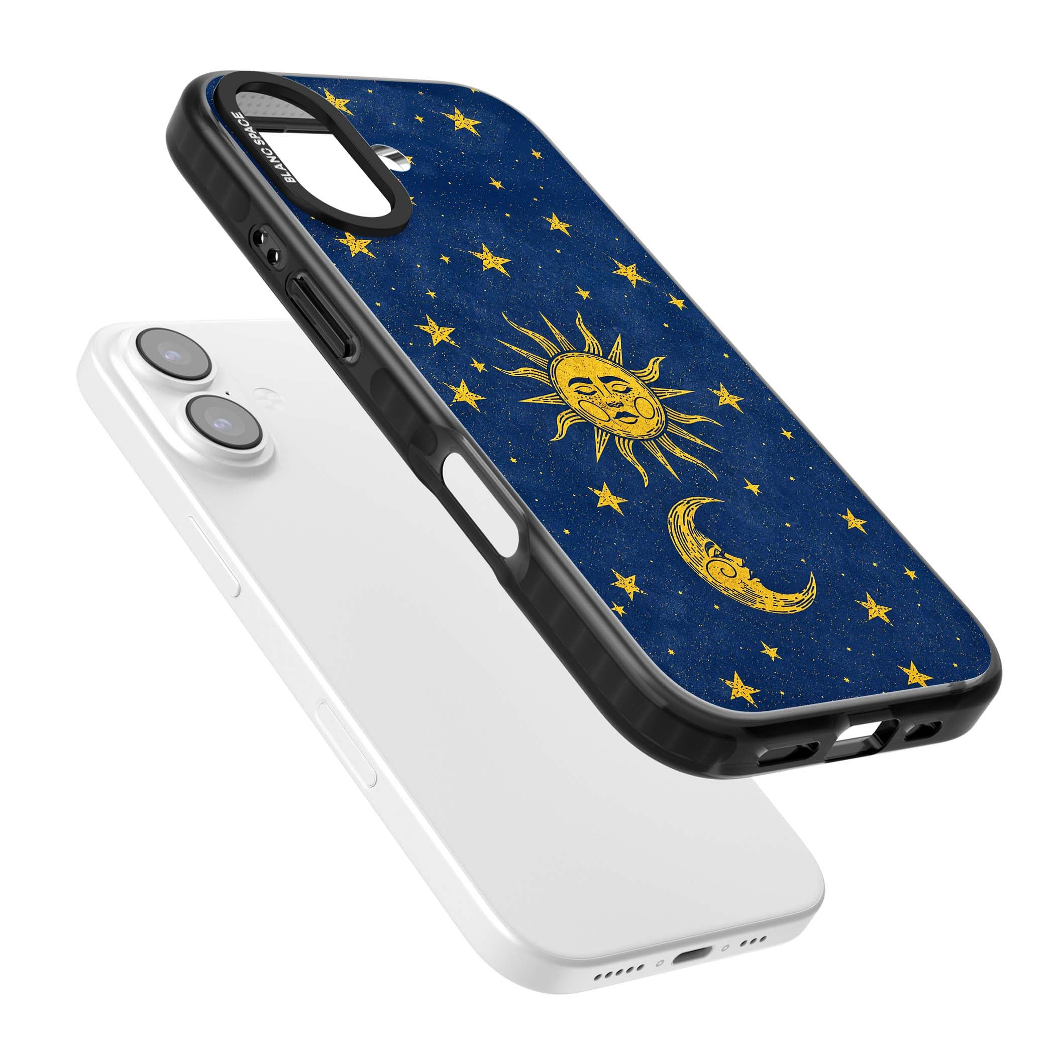 Sun & Moon Reverie celestial iPhone case featuring a vintage golden sun, crescent moon and scattered stars on midnight blue | Clear Impact case for iPhone 17