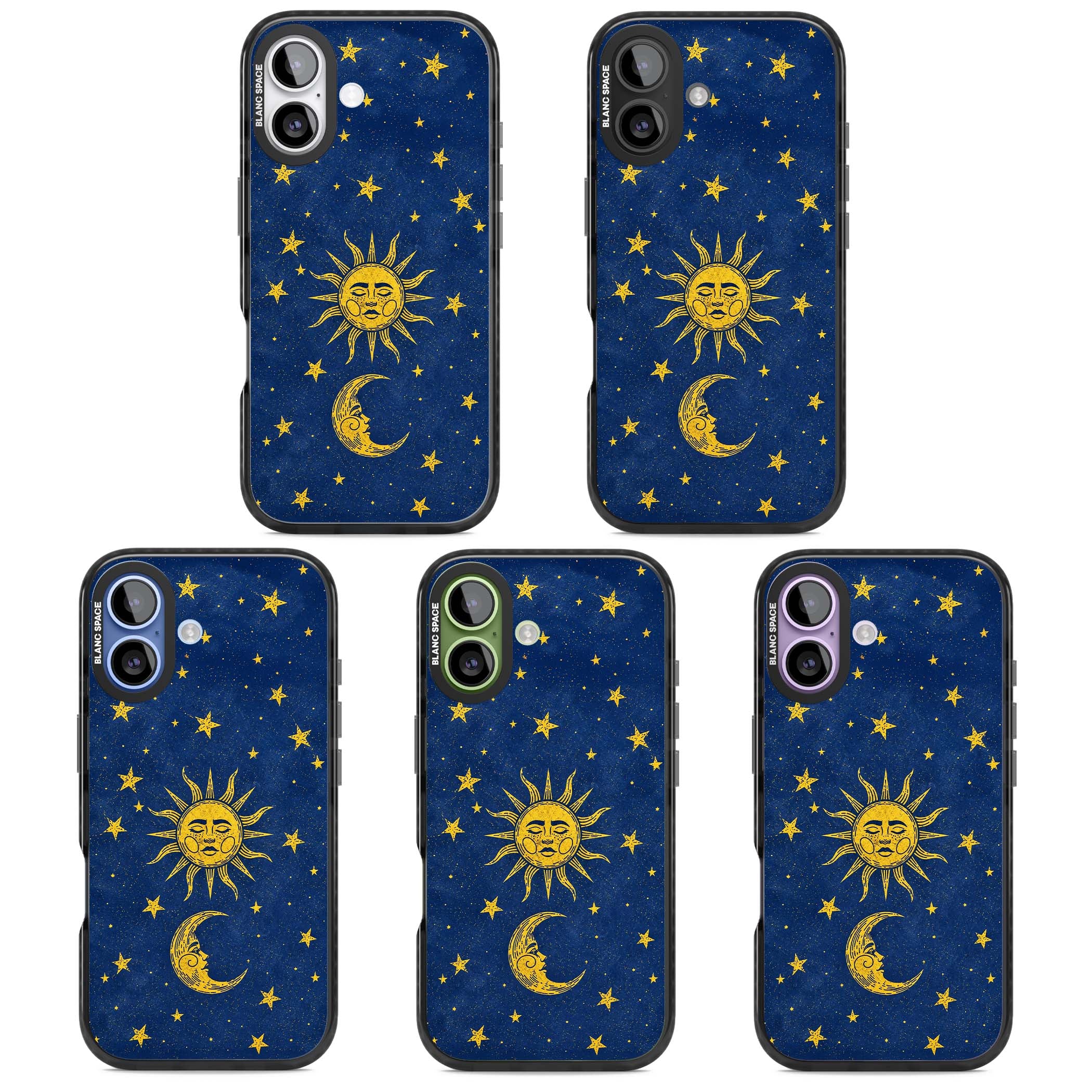 Sun & Moon Reverie celestial iPhone case featuring a vintage golden sun, crescent moon and scattered stars on midnight blue | Clear Impact case for iPhone 17