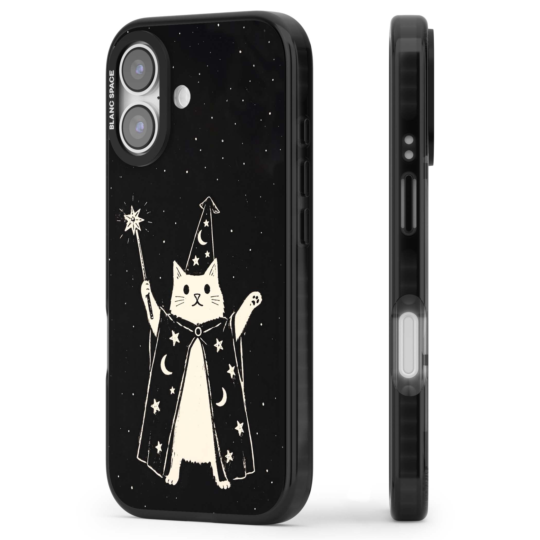 Whisker Wizard celestial cat iPhone case featuring a wizard cat with magic wand, starry night sky and crescent moons | Clear Impact case for iPhone 17