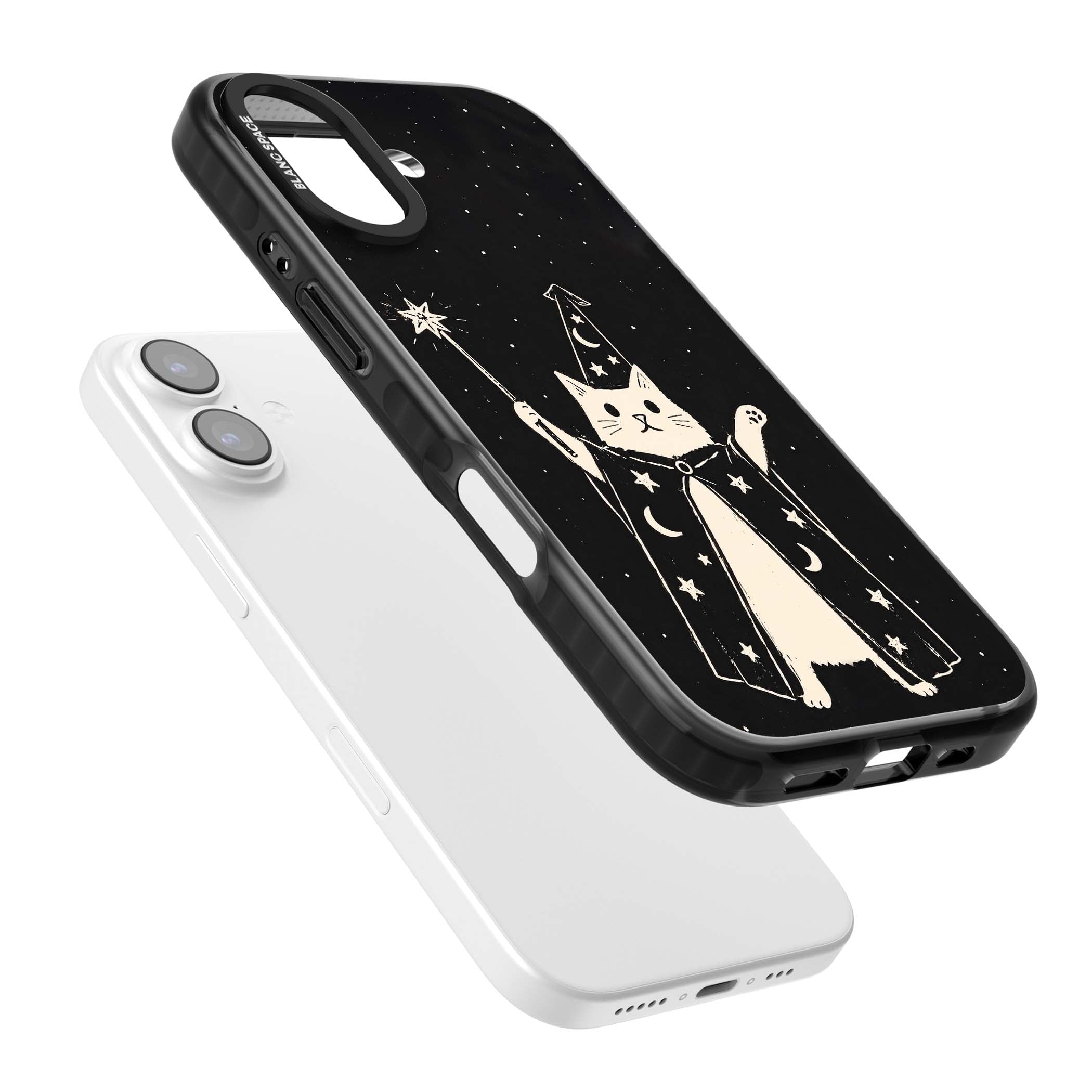 Whisker Wizard celestial cat iPhone case featuring a wizard cat with magic wand, starry night sky and crescent moons | Clear Impact case for iPhone 17