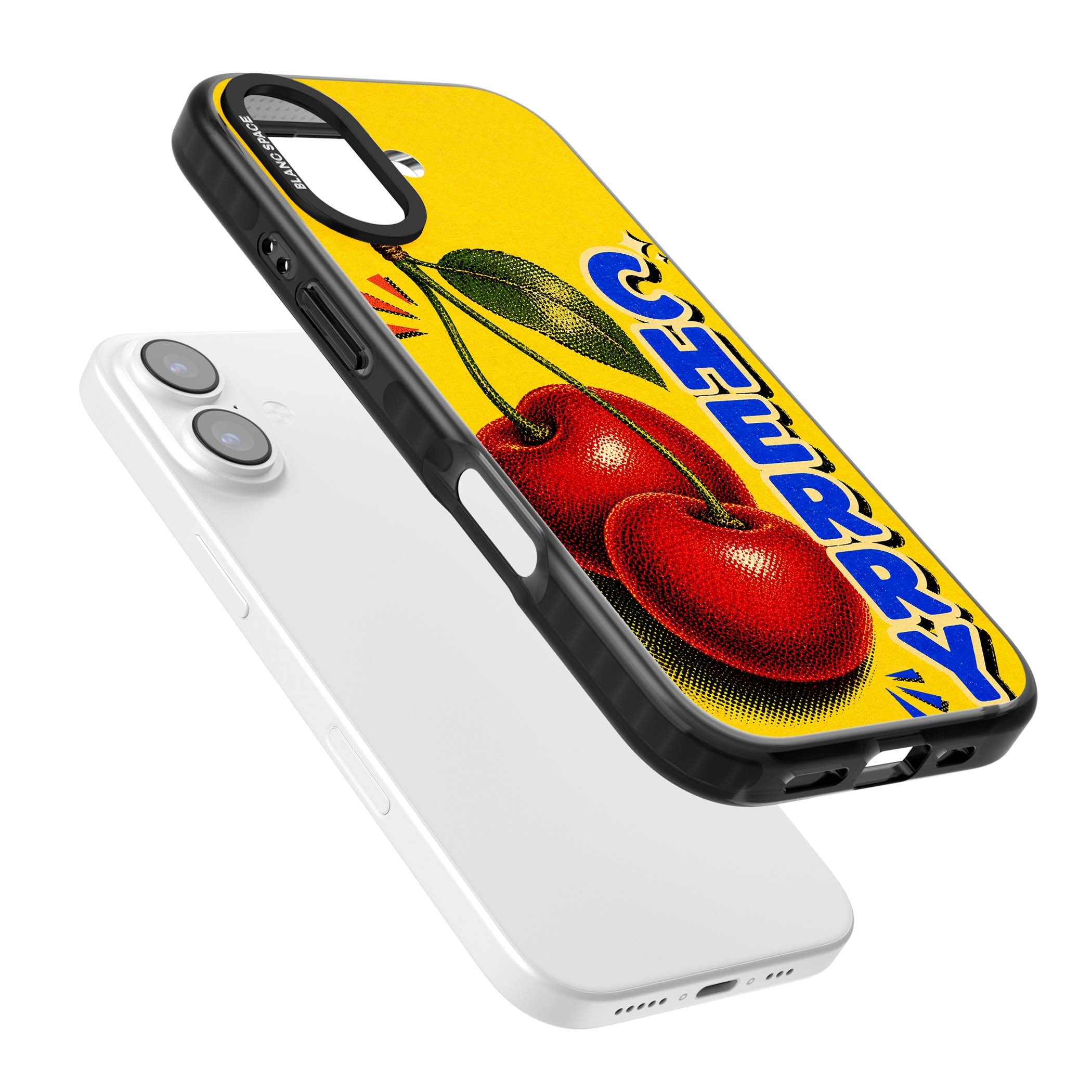 Cherry Yellow y2k iPhone case featuring two red cherries, halftone shading and bold blue CHERRY lettering on yellow | Clear Impact case for iPhone 17