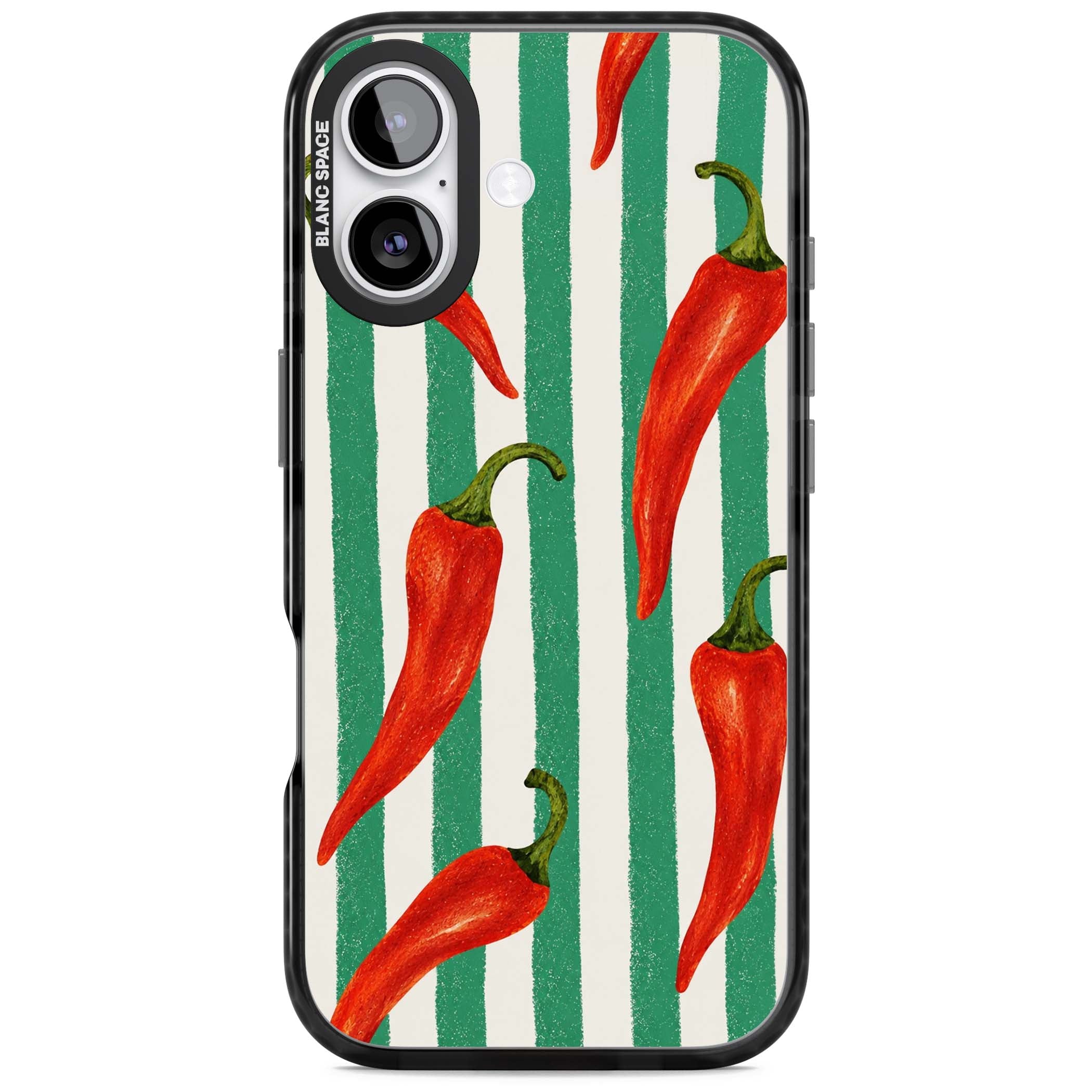 Striped Chillis coastal iPhone case featuring hand-painted red chili peppers on green and cream stripes | Clear Impact case for iPhone 17